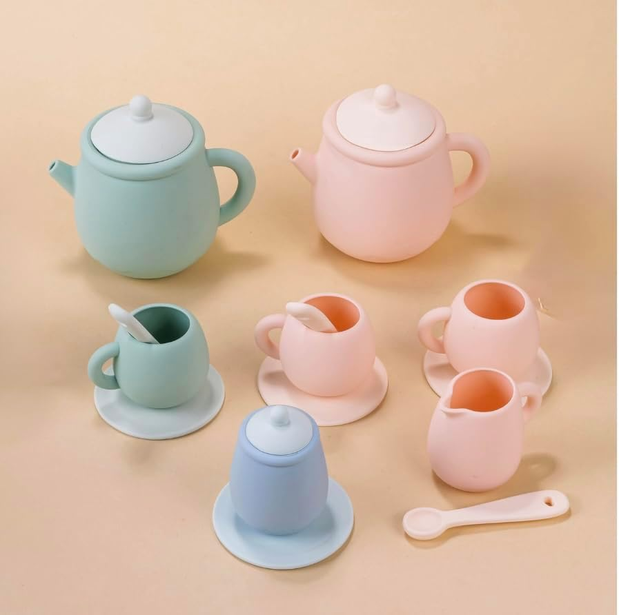 11 Piece Silicone Toy Tea Set - Teapot, Teacups & Saucers, Spoons, Sugar and Milk Jug - Pretend Play for Babies and Toddlers (Pink) image number 1