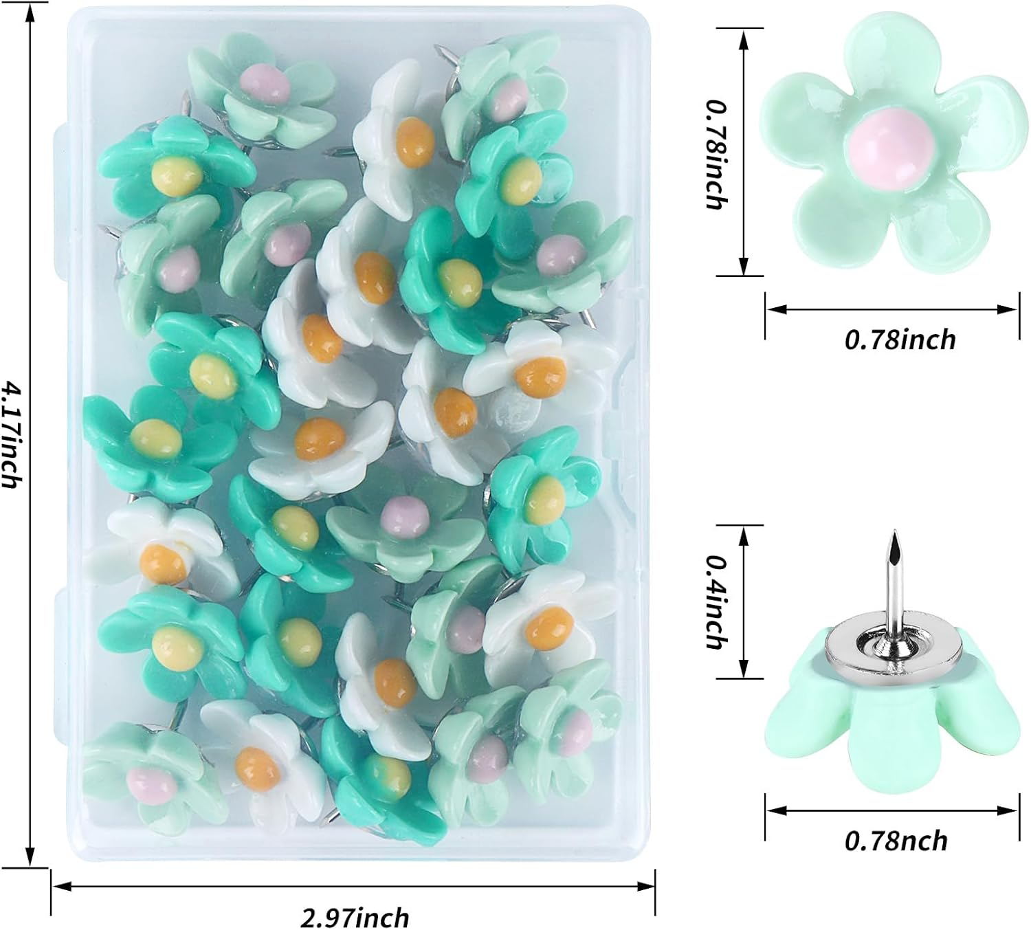 Flower Push Pins, 30Pcs Green Decorative Thumb Tacks for Cork Board, Photo Wall, Feature Wall, Map, Bulletin Board, Office or Home image number 1