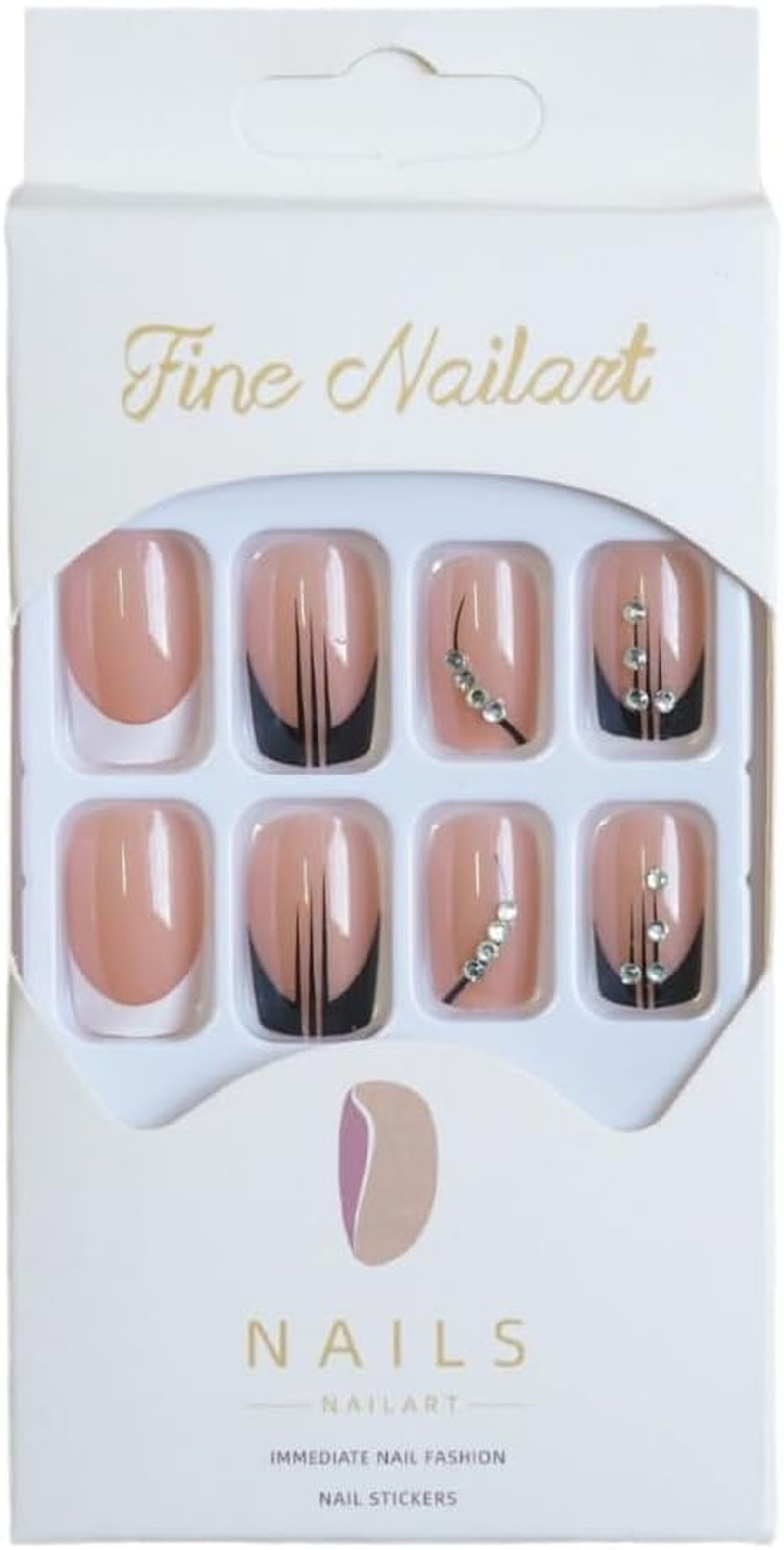 Ztcily French Pink Black Wedding Medium Length False Nails with Crystals for Women Accessories or Gift Idea for Christmas Valentine'S Day Mother'S Day image number 2