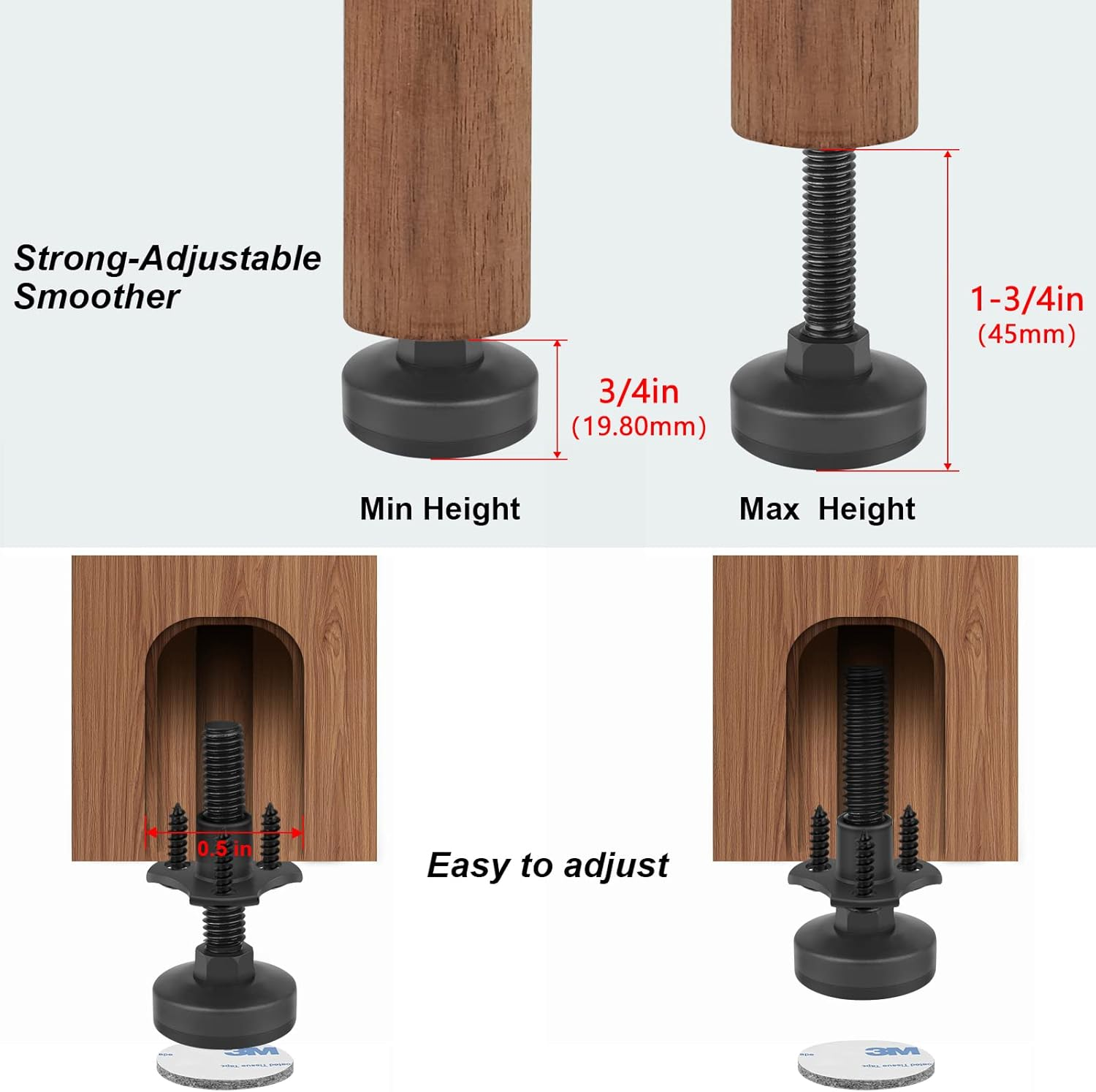 Heavy Duty Furniture Levelers 3/8''-16 Thread W/ T-Nut Kit Furniture Leveling Feet Adjustable Furniture Levelers for Tables,Cabinets,Chairs,Workbench,Sofa and More,Large Base Supports 1320Lbs-4 Packs image number 2
