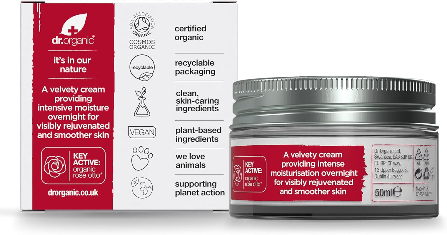 Dr Organic Rose Otto Night Cream, Moisturising, Healthy-Aging, Wrinkles, Natural, Vegan, Cruelty-Free, Paraben & Sls-Free, Recycled & Recyclable, Certified Organic, 50Ml, Packaging May Vary image number 2