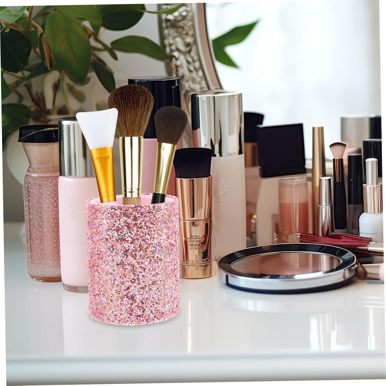 FRCOLOR Decorative Makeup Brush Holder Box Portable Brush Organizer Plastic Cosmetic Storage Case - Pink image number 2