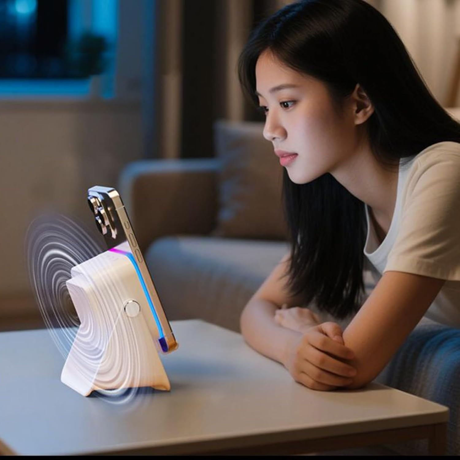 Krujecnt Wireless Induction Speaker - Audio Station Foldable with Light - Phone Speaker Stand 10W - for Travel Home Office Christmas Men Women Girl Boyfriend image number 4