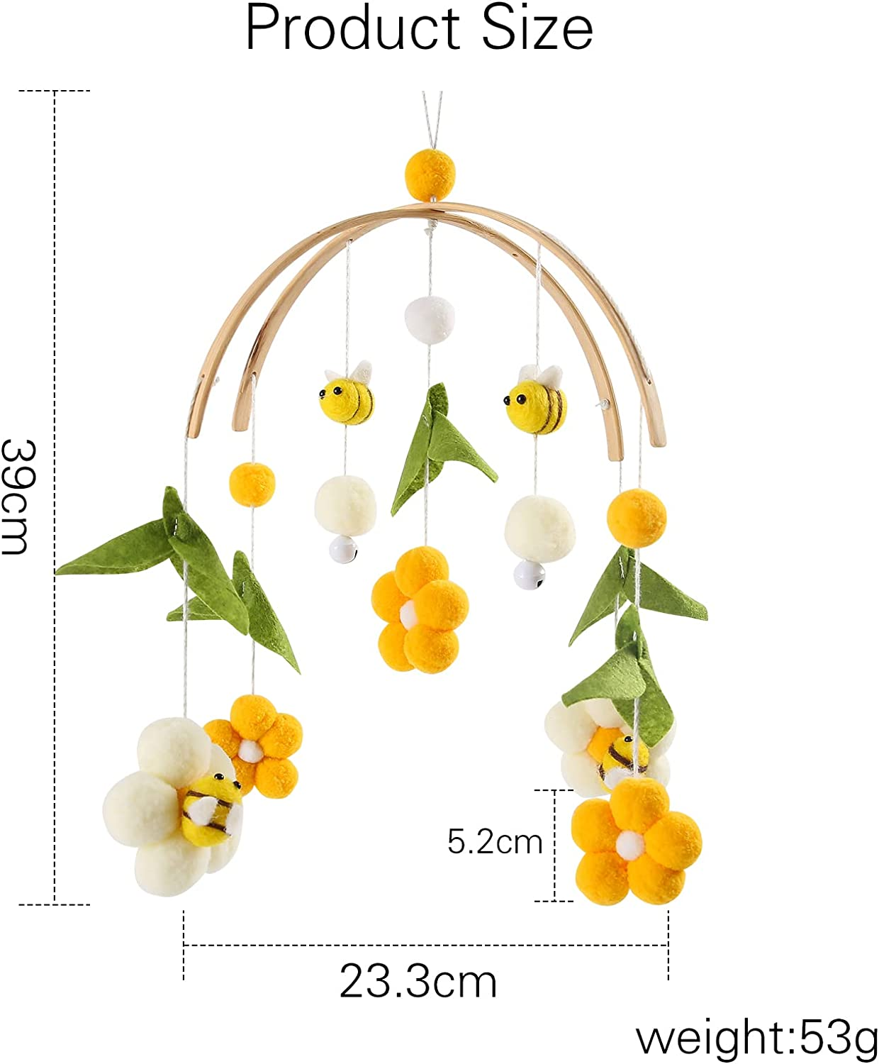 Youuys Mobile Baby Wooden with Felt Balls, Bees and Flowers, Baby Mobile Wind Chime, Bed Bell Pendant for Baby Bed, Nursery Decoration, Gift for Baby Girls or Boys image number 2