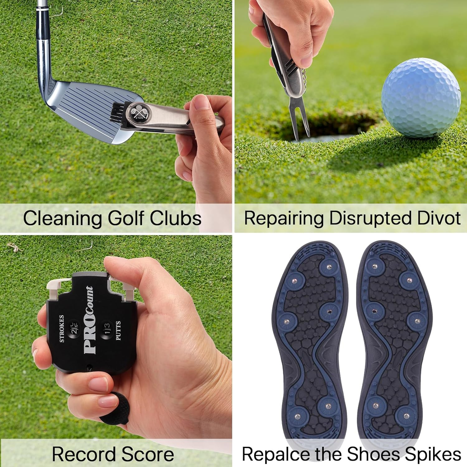 Golf Accessory Tool Set, Golf Club Brush, Foldable Divot Repair Tool with Golf Marker, Digit Counter, Pack of 3 Golf Sports Bag Kit (Black) image number 4
