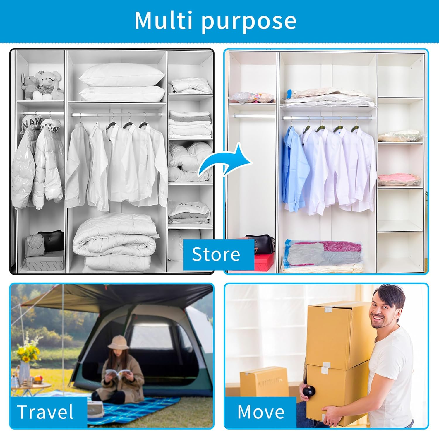 12 Pack Vacuum Storage Bags with Electric Pump, Space Saver Bags for Clothes, Travel Luggage, Moving Home, and Storage Organisation - Compress and save 3X Space image number 5