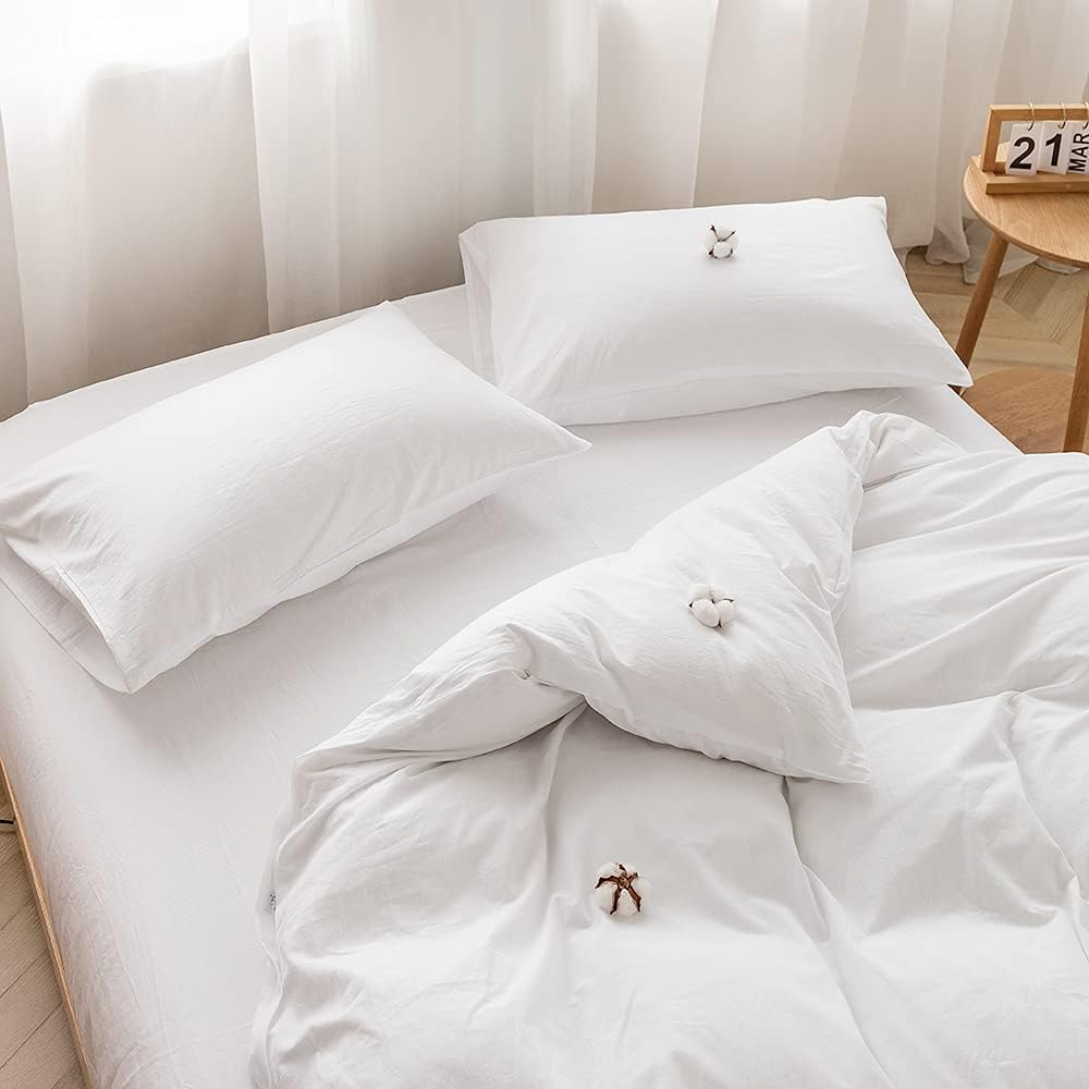 FACE TWO FACE 3-Piece Duvet Cover Set,100% Washed Cotton Duvet Cover,Ultra Soft and Easy Care,Simple Style Bedding Set (Queen, White) image number 1