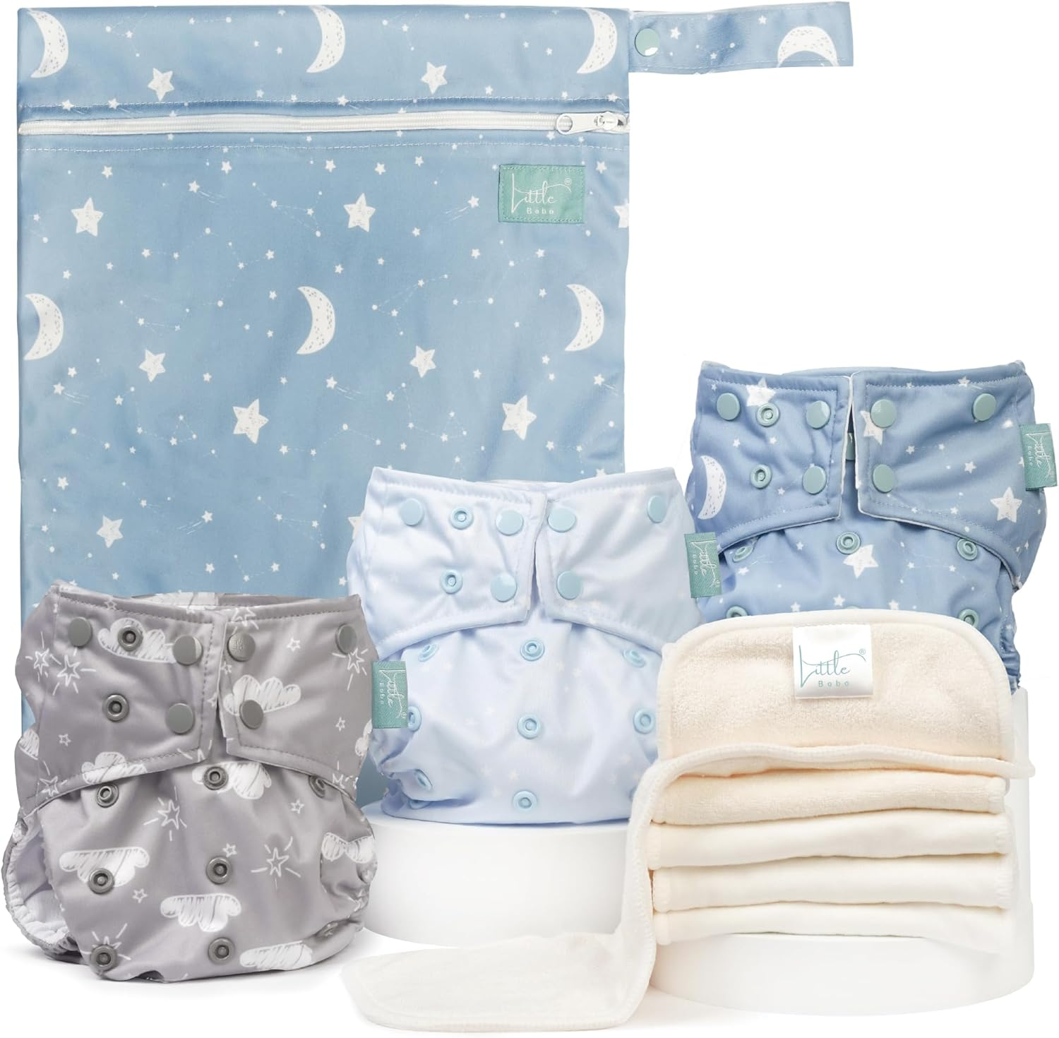 Little Bobo 3-Pack Cloth Nappy and Swim Diaper Set | Reusable, Ultra-Absorbent, Leak-Proof | Includes 6 Inserts + Wet Bag | Adjustable Fit for 3&ndash;15Kg Newborns, Babies and Toddlers | Eco-Friendly and Gift-Ready (Moon 3 Pack)