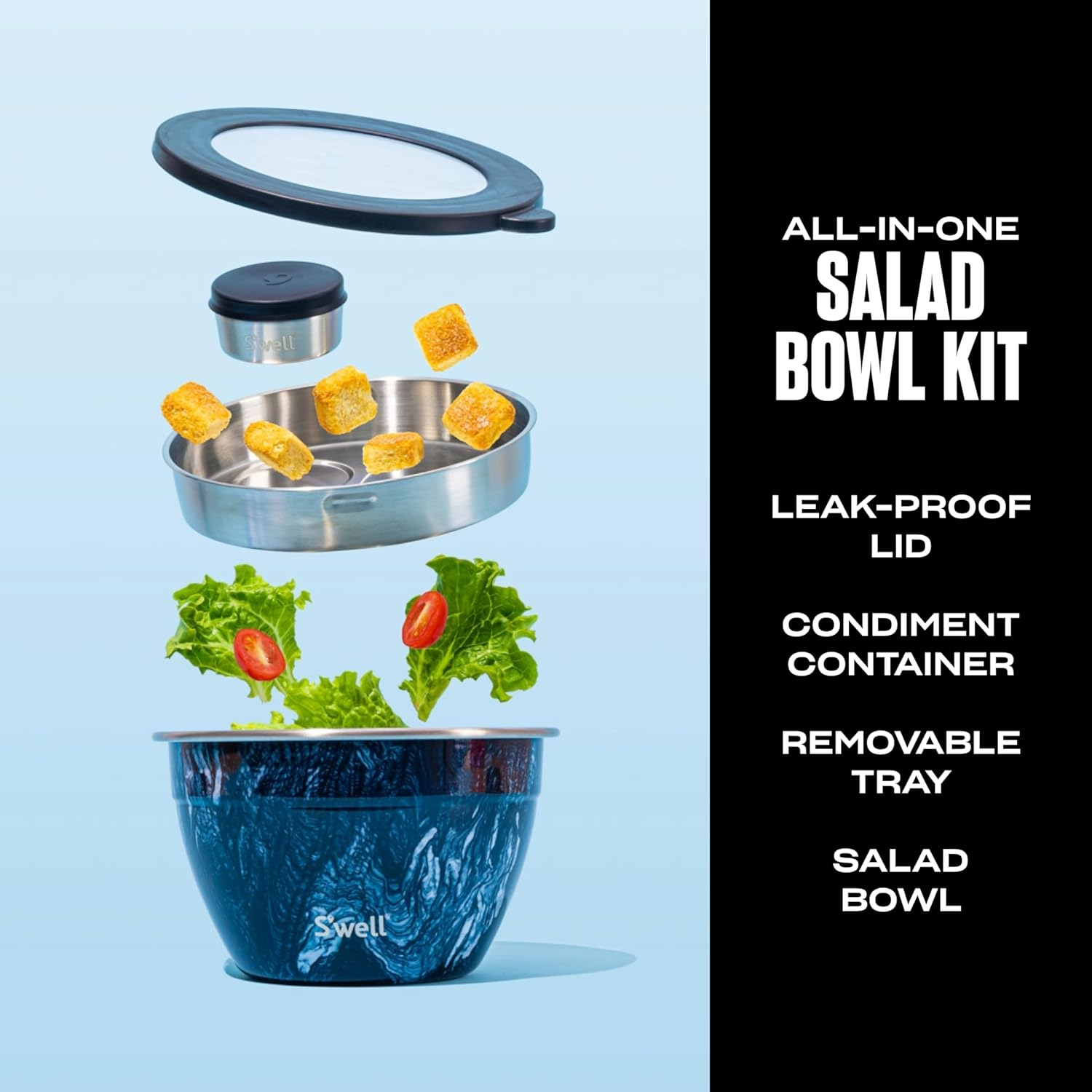 S'Well Stainless Steel Salad Bowl Kit - 64Oz, Azurite - Comes with 2Oz Condiment Container and Removable Tray for Organization - Leak-Proof, Easy to Clean, Dishwasher Safe image number 7