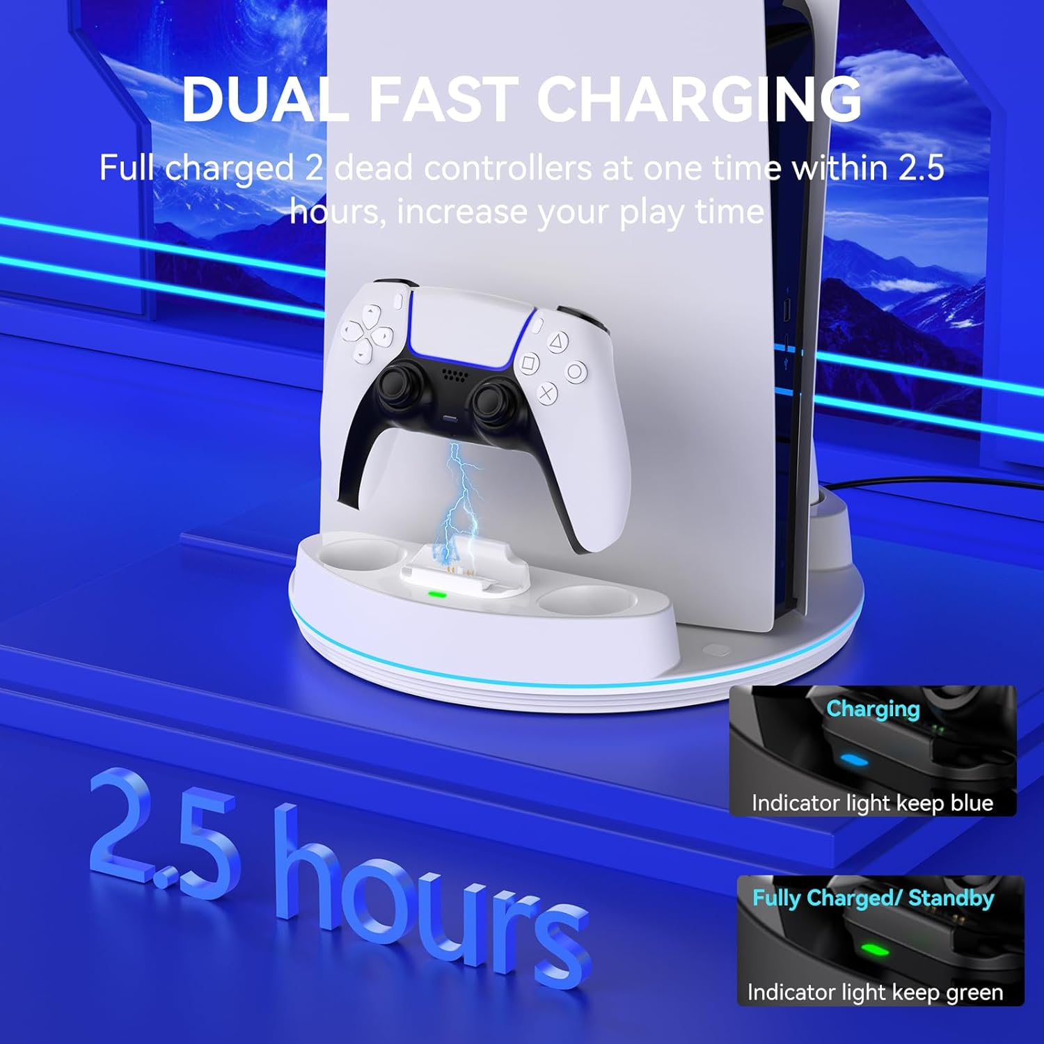 NEWDERY for P 5/Slim/Pro Console Stand, with Dual Charging Station for P 5 Controllers, Adjustable RGB Light, for Playstation 5 Controller Charger Stand - White image number 5