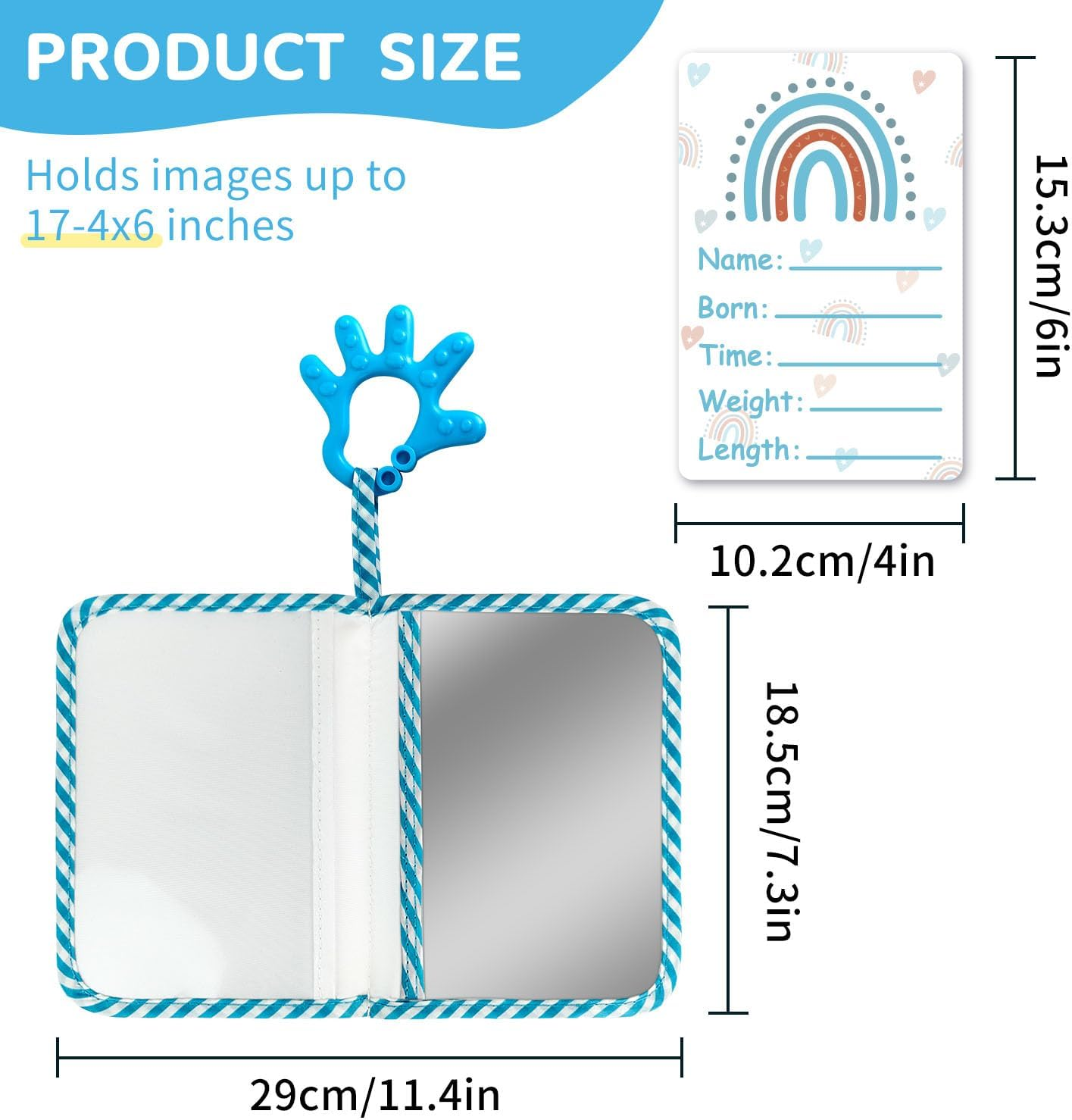 BOHEMIABY Baby Photo Album, My First Soft Photo Book Accommodates 4X6 Photos, Photo Albums with Milestones, Safety Mirror First Birthday (Blue Palms) - White Sunflowers image number 3