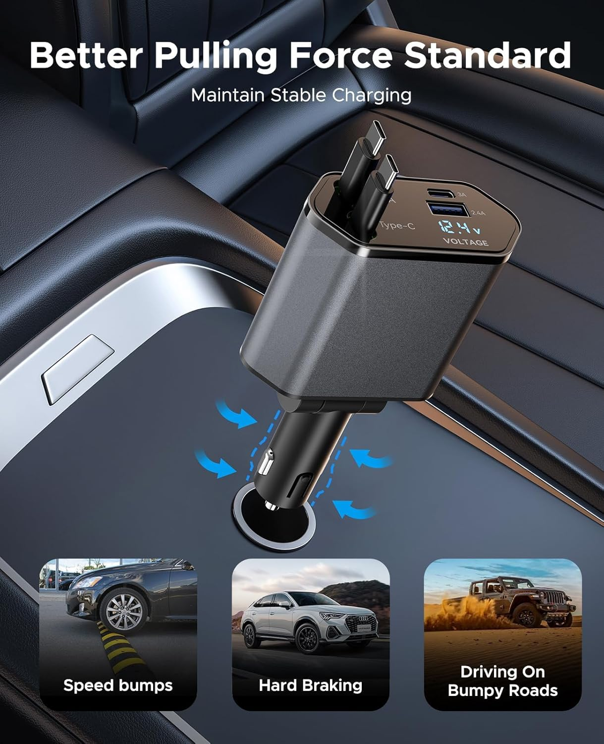 Retractable Car Charger, 4 in 1 Fast Car Phone Charger, Double Type C Retractable Cables and 2 USB Ports Car Charger Adapter Compatible with Iphone 15/14/13/12/11 Pro Max, Galaxy, Google Pixel image number 4