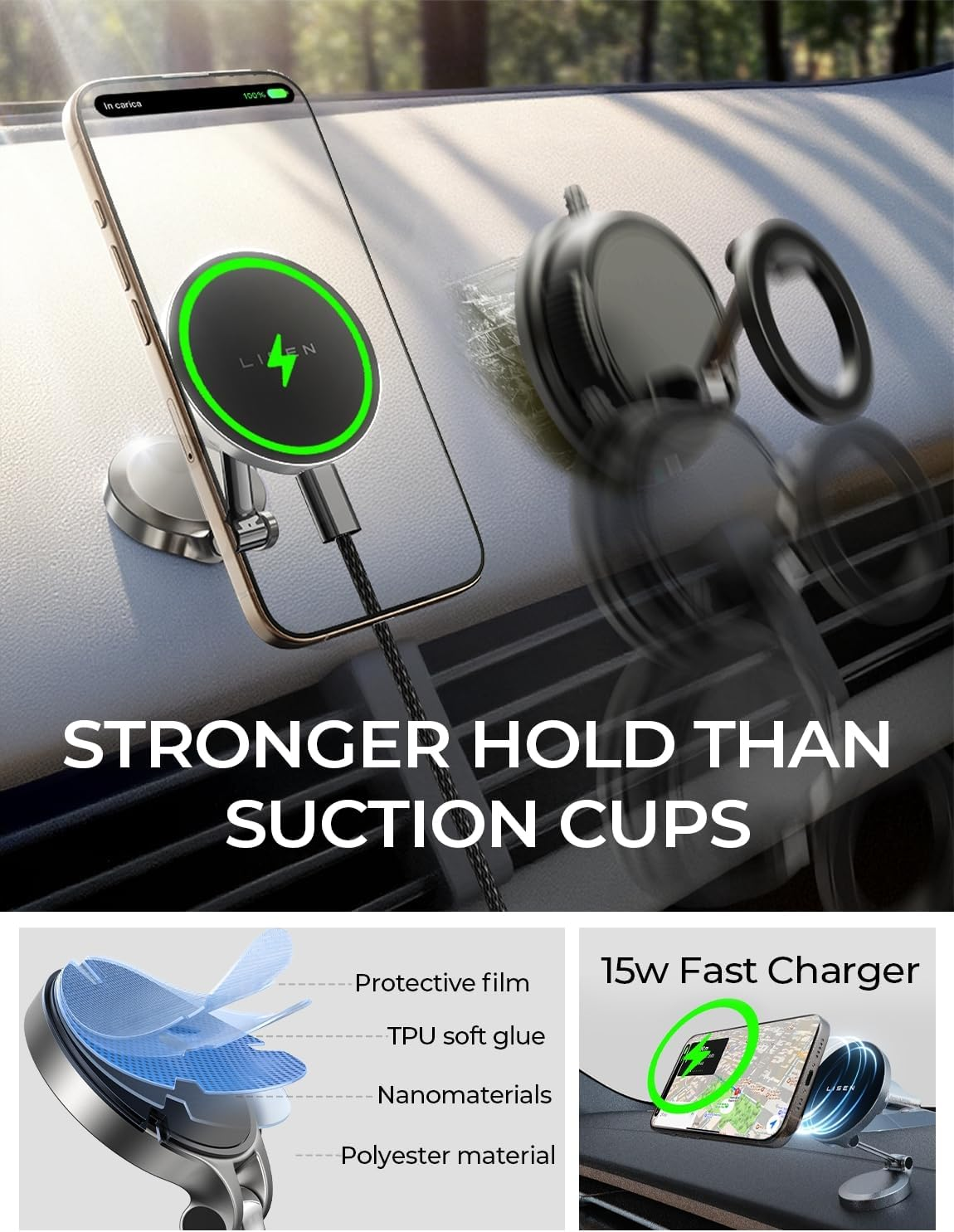 LISEN for Magsafe Car Mount Charger, 15W Fast Charging Magnetic Wireless Car Charger [Mini & Metal], 2025 Ultra Magnetic Car Phone Holder Dashboard for Iphone 17 16E Pro Max 15 14 13 Strong Magnets image number 2