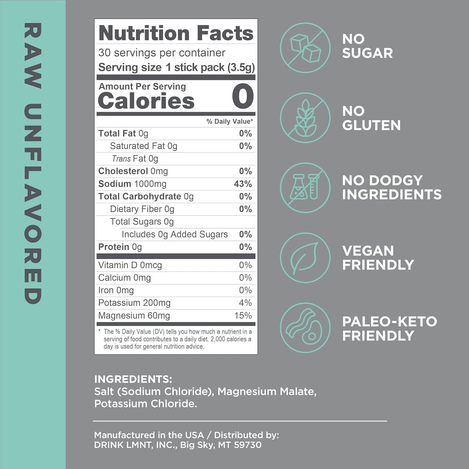 LMNT Zero Sugar Electrolytes - Raw Unflavored Salt | Drink Mix | 30-Count image number 1