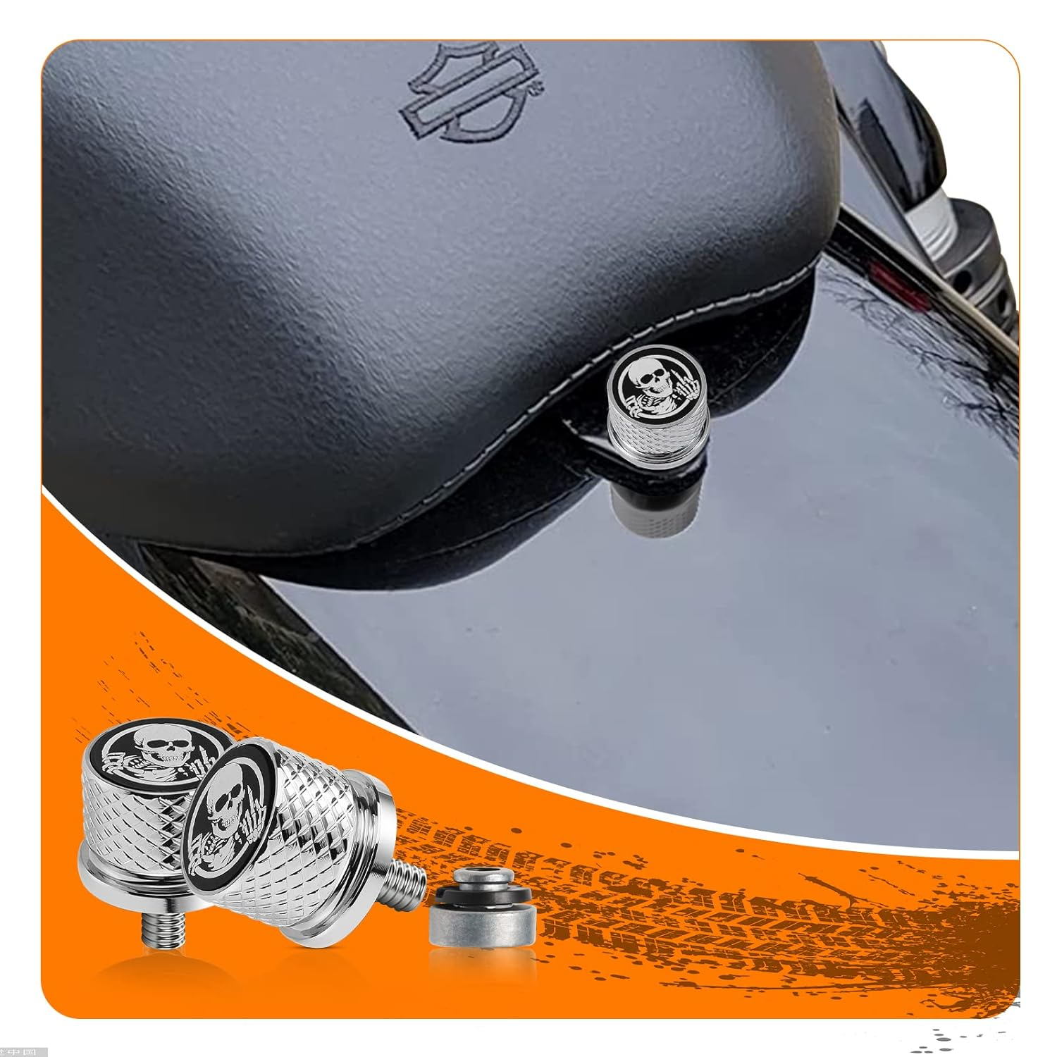 Chrome Stainless Knurled Fender Rear Seat Bolts Screw and Nut Kit 1/4"-20 Thread Quick Mount Skull Pattern Compatible with Harley Touring Softail Dyna Sportster CVO Fatbob 1996-2024 - Black-Skull Pattern/Screw+Nut image number 6