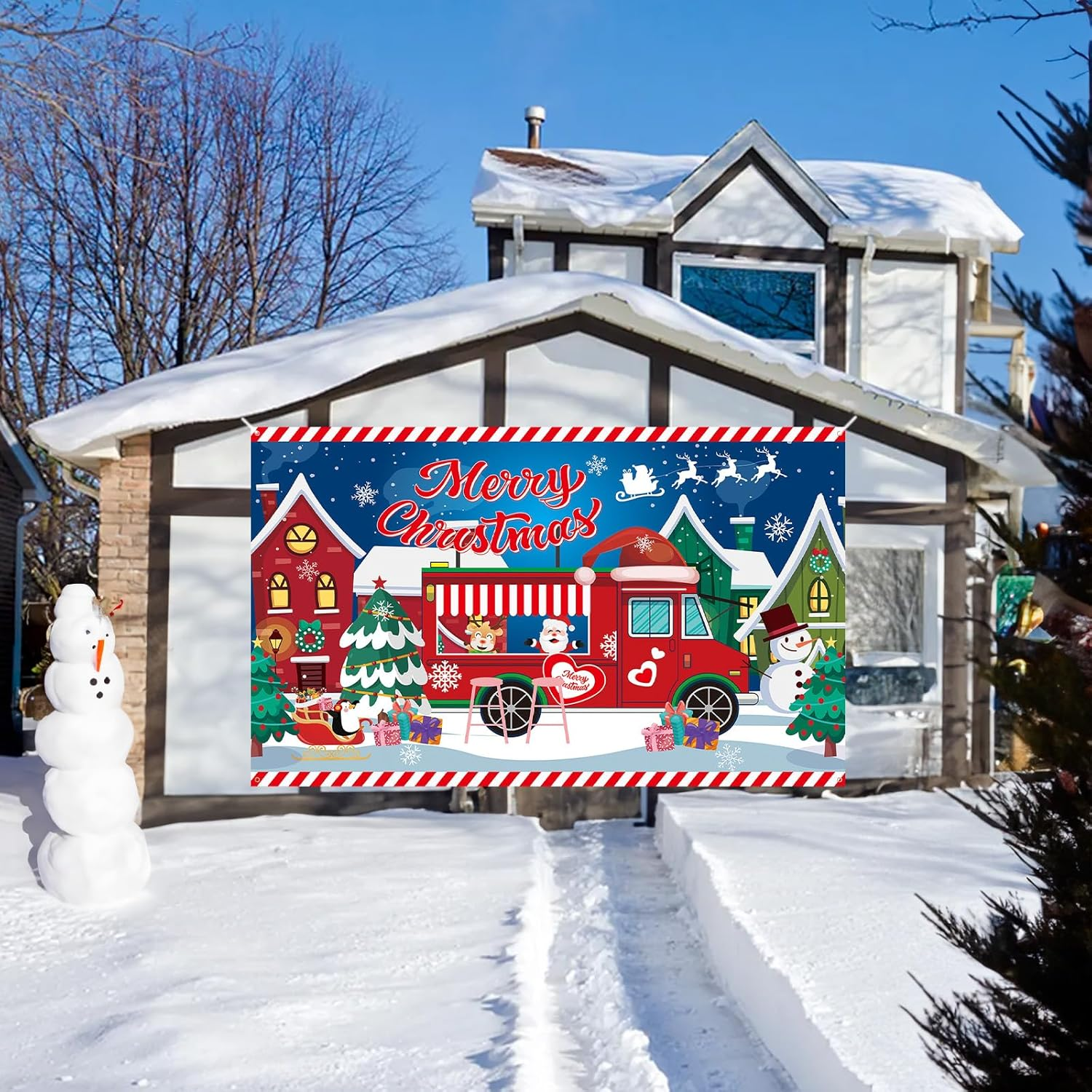 Xtralarge Christmas Banner, Merry Christmas Banner Outdoor with Santa Claus Reindeer Backdrop, Christmas Decorations Hanging Yard Banner Poster Sign for Outdoor Wall New Year Christmas Party Supplies - Blue Red - Trams image number 6