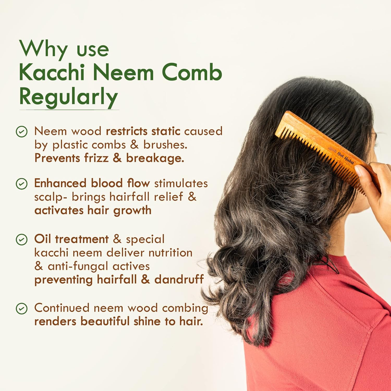 Nat Habit Kacchi Neem Wooden Comb, Soaked in 17 Herbs Neem & Sesame Oil for Multi-Actions - Detangling, Frizz Control & Shine,Suited for All Hair Types (Dual Tooth)