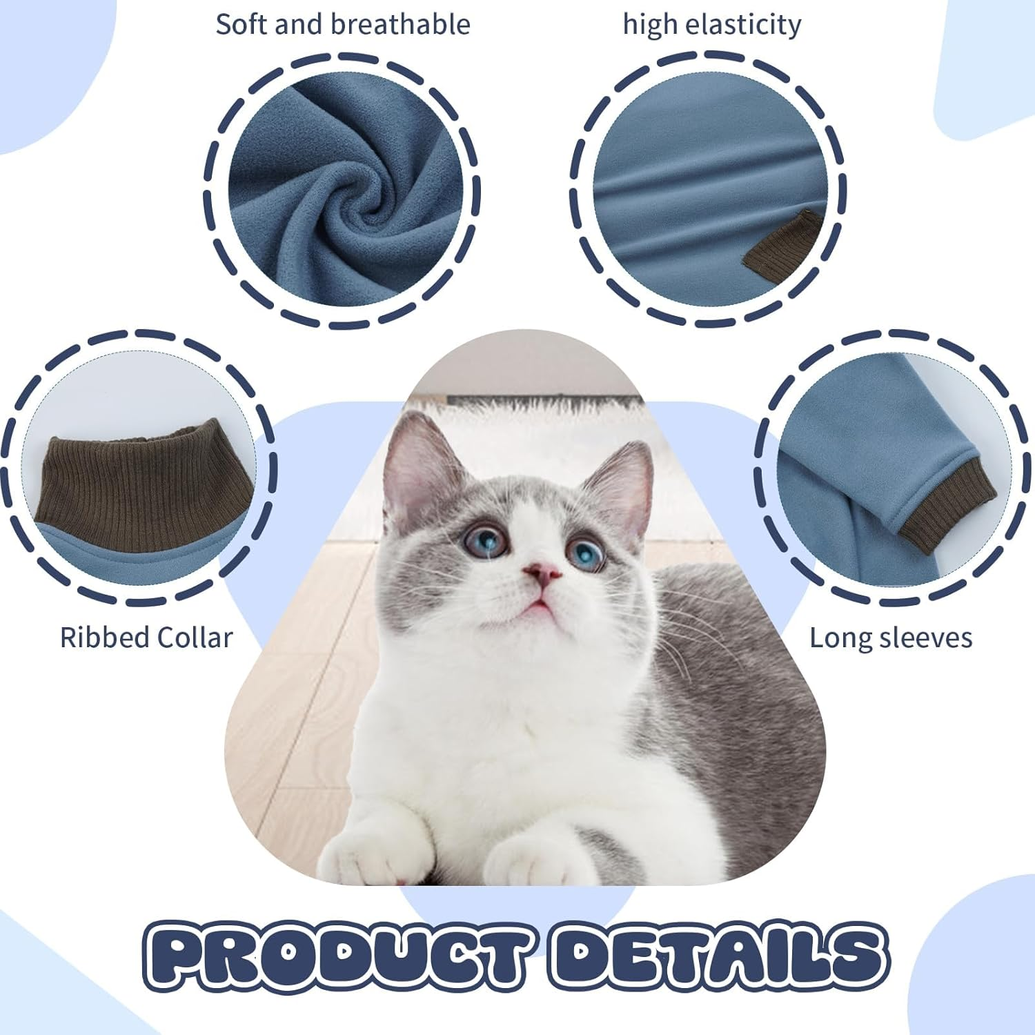Lelepet Sticky Cat Clothes, Prevent Hair Loss Cat Pajamas, Professional Post-Surgery Onesie for Male & Female Cats, Anti-Shedding Shirt Outfit, Soft Sweaters for Cats, Blue M image number 5