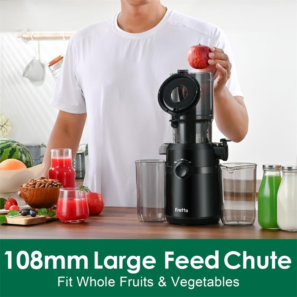 Fretta Cold Press Juicer Machine for Whole Fruits and Vegetables,Masticating Slow Juicer with 1L Large Capacity and 108Mm Wide Feeding Chute,Tritan Bpa-Free,Reverse Function,200W,Easy to Clean,Black - Grey image number 6