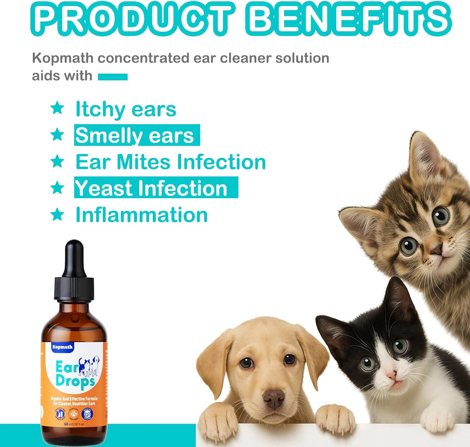 Kopmath Dog Ear Drops, Dog Ear Cleaner, Ear Infection Drops for Dogs and Cats, Yeast Infection & Ear Mites Treatment, for Dirty,Itchy,Smelly,Inflammed Ears,Natural Herbal Solution,60Ml with Dropper image number 4