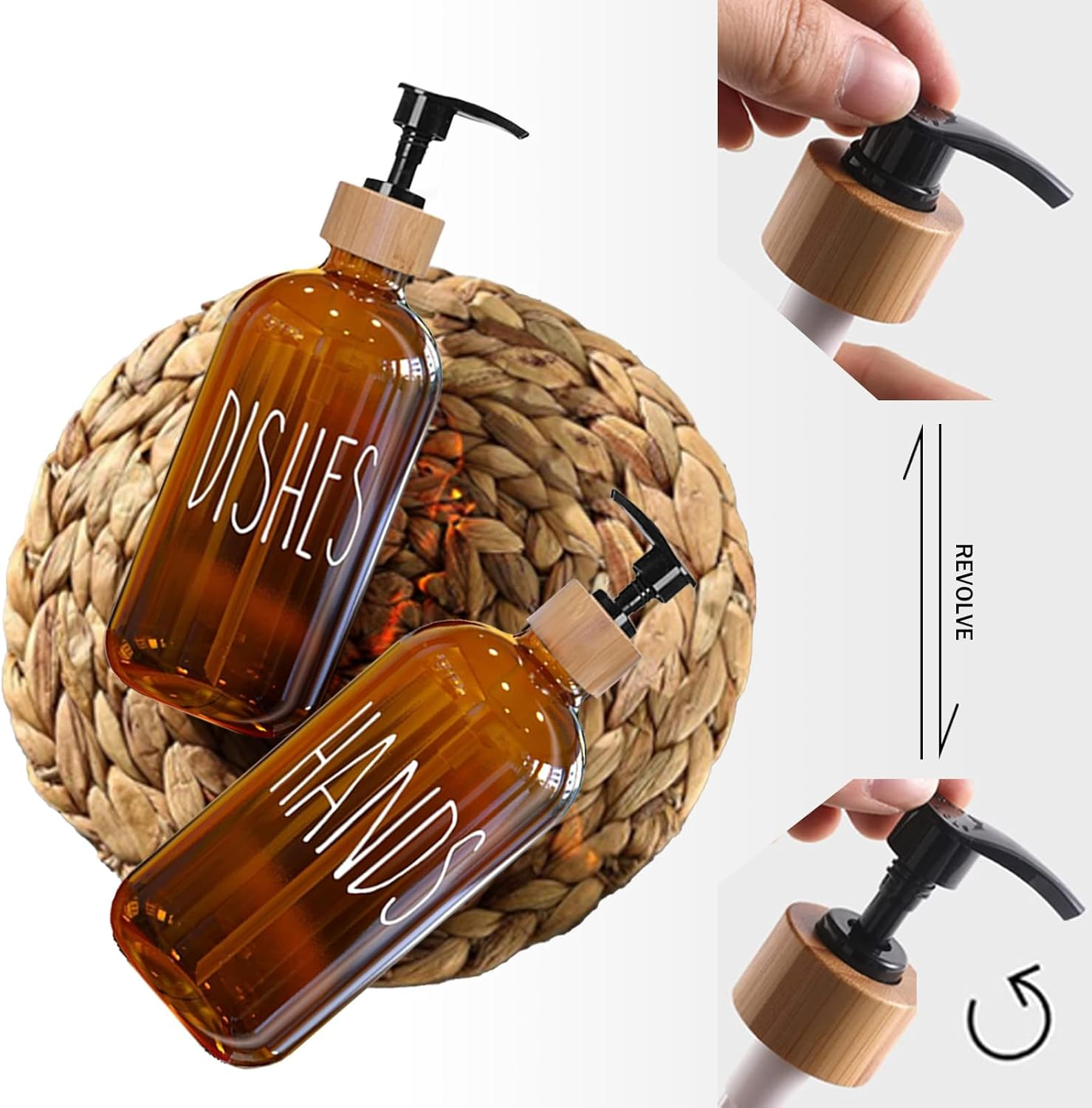 Glass Soap Dispenser Set with Tray,Includes Hand Soap and Dish Soap Dispenser Featuring Pump Durable Leakproof Design Smooth Rounded Nozzle Ideal for Kitchen Sink Home Decor(Coffee) image number 4