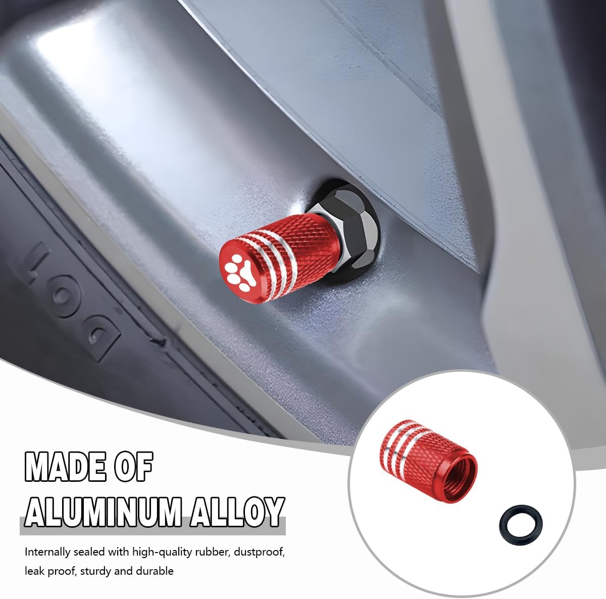 JNNJ Set of 4 Valve Caps with Rubber Ring Seal, Aluminium Alloy Car Wheel Dust Caps, Aluminium Alloy Cycling Valve Caps, Car Tyre Valve Cap, Universal Dust Cap, Alloy (Red) - Black image number 2