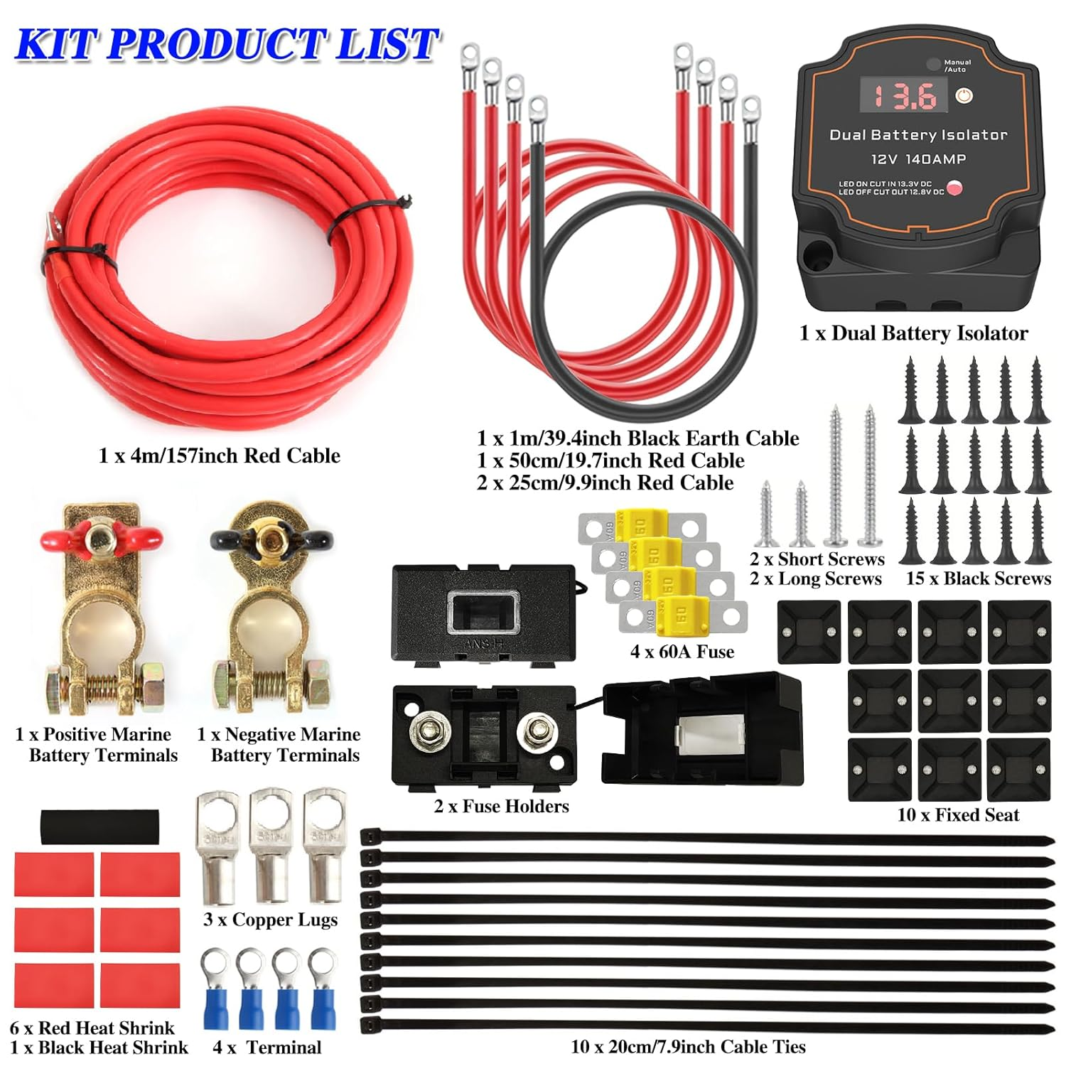 Battery Isolator 12V with 16.4Ft 7AWG Cable Kit, 140AMP Split Charge Relay Kit Voltage Sense Relay, Automatic Smart Isolator Waterproof Dual Battery Disconnect Switch for RV, UTV, ATV, Car, Marine image number 4