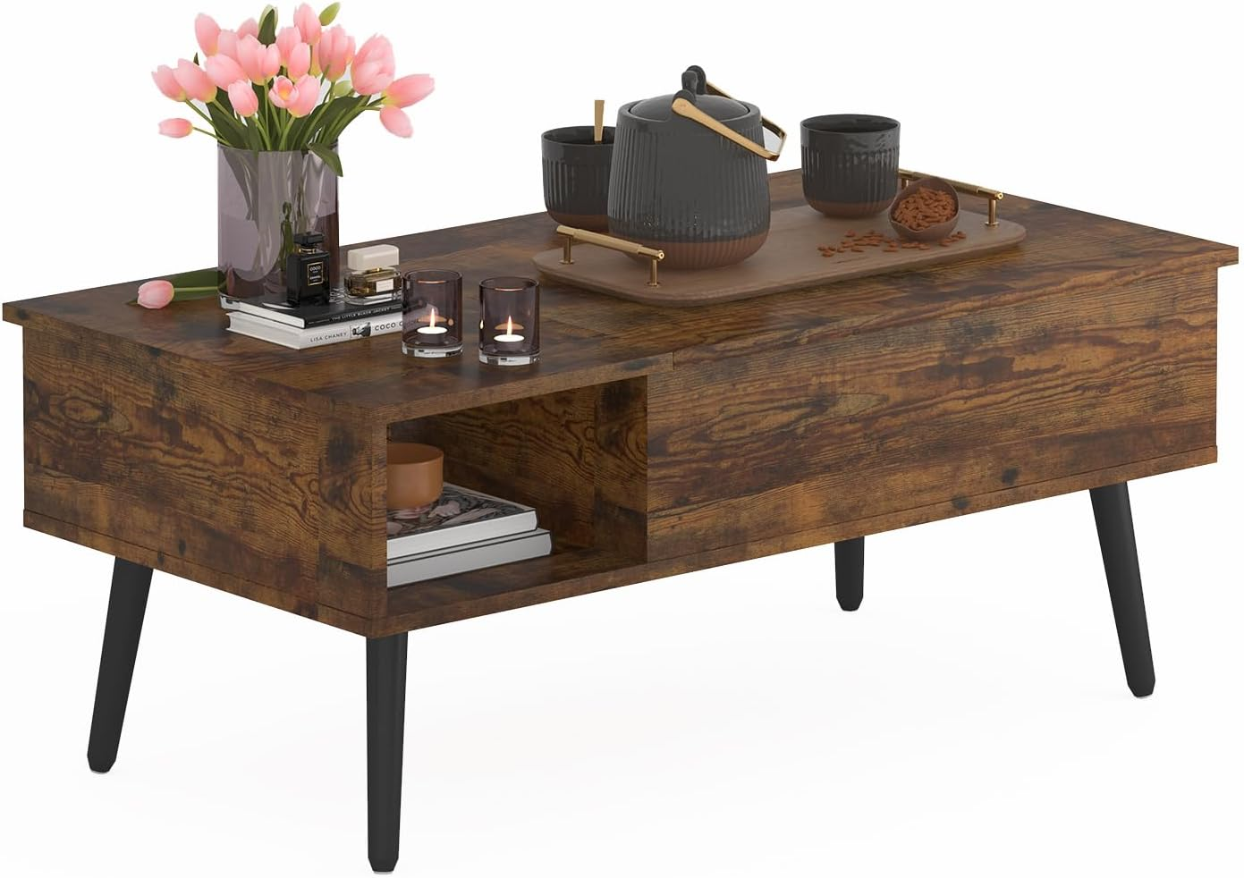 Ufurniture Lift Top Coffee Table with Hidden Storage, Gas Lift Tabletop Dining Table with Storage Shelf for Home Living Room, Office, Walnut - Black image number 6