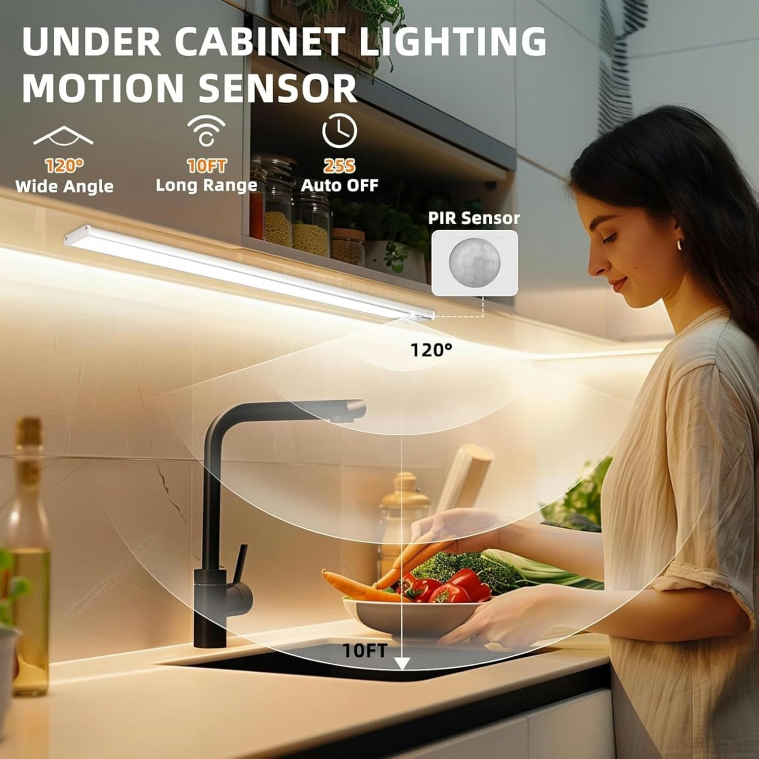 2-Pack 40CM under Cabinet Lighting, Motion Sensor Light Indoor for Closet, Rechargeable Wireless under Counter Lights for Kitchen and Pantry, 3 Colors Led Undercabinet Lights, Magnetic Installation image number 2