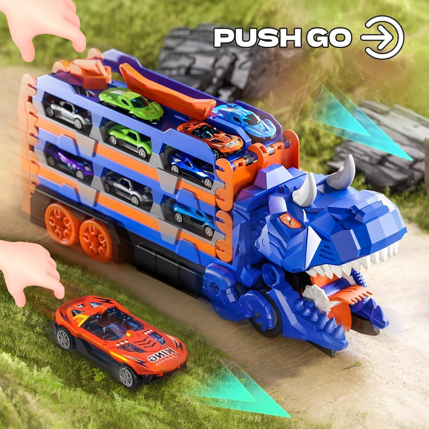 Toddler Car Truck Toys Gifts for 3 4 5 Years Old Boys, Toy Cars Track Set Dinosaur Transport Truck with 12 Pcs Die-Cast Cars Toys, Transforms into Dino, Toy Gifts for 3 4 5 6 Year Old Boys image number 2