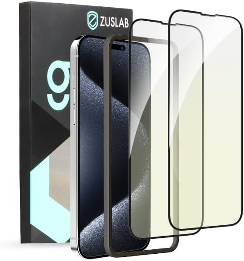 [2 Pack] ZUSLAB Screen Protector for Iphone 15 Pro Max Anti-Blue Light Tempered Glass Eye Protection with Installation Alignment Frame for Apple (2023)