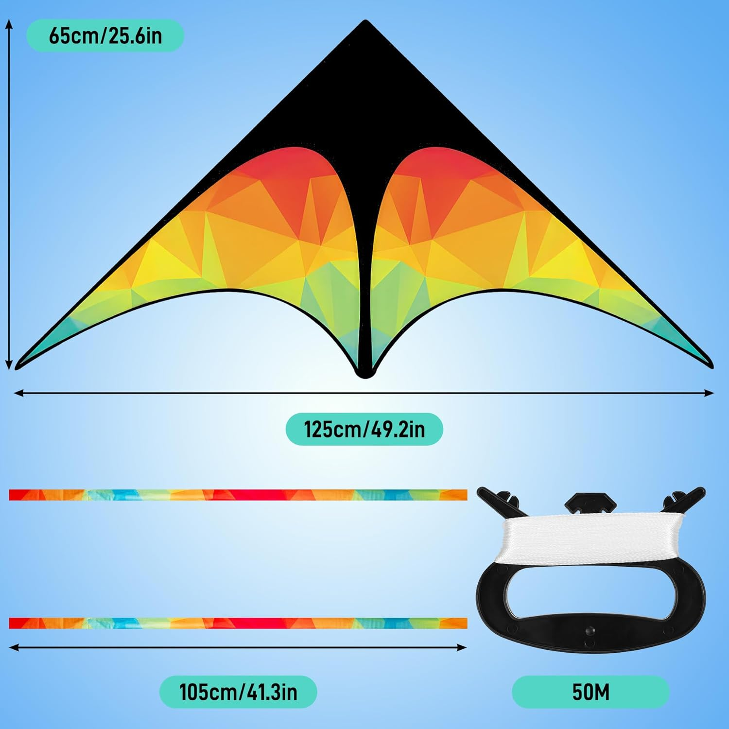 Zocipro Large Colourful Delta Kite Children, 125 X 65 Cm Single Line Flight Kite with 50 M Cord, Lightweight Children'S Kite for Jumping Kite, Kite for Beginners and Outdoor Beach Games image number 4