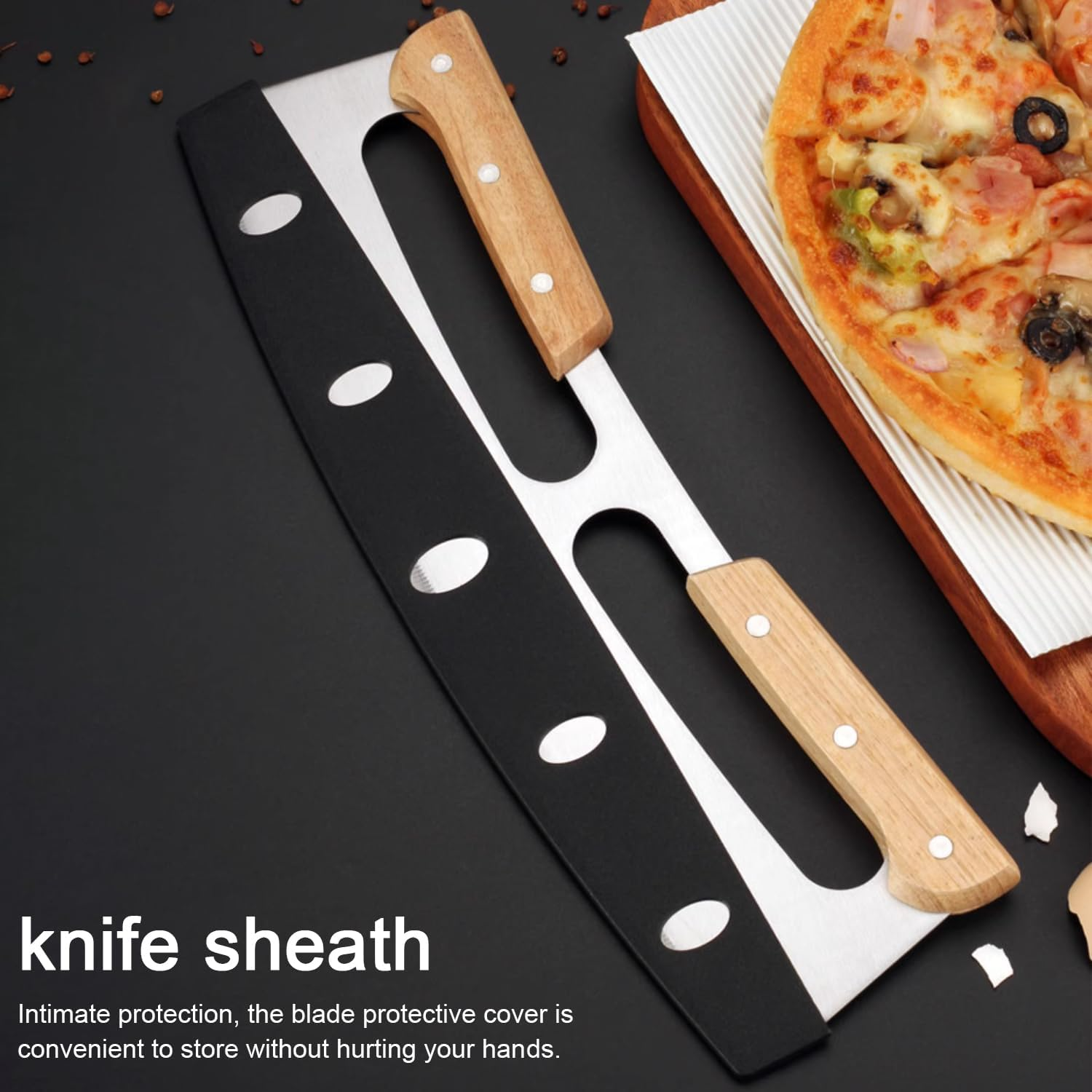 Pizza Cutter, Sharp Rocker Blade with Cover, Large Blade Solid Wood Double Grip Pizza Slicer, Long Stainless Steel Half round Bread Swing Knife, Big Pizza Knife Cutters for Kitchen Tool image number 2