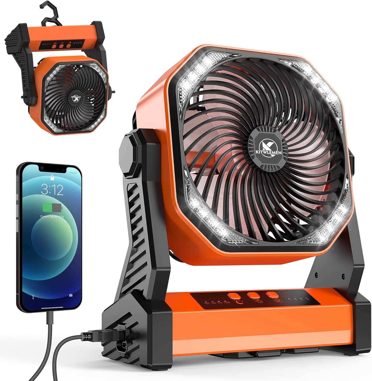 Camping Fan with LED Lantern, 20000Mah Rechargeable Battery Operated Outdoor Tent Fan with Light & Hook, 270&deg; Pivot, 4 Speeds, USB Desk Fan for Camping, Fishing, Power Outage, Hurricane, Jobsite&hellip;