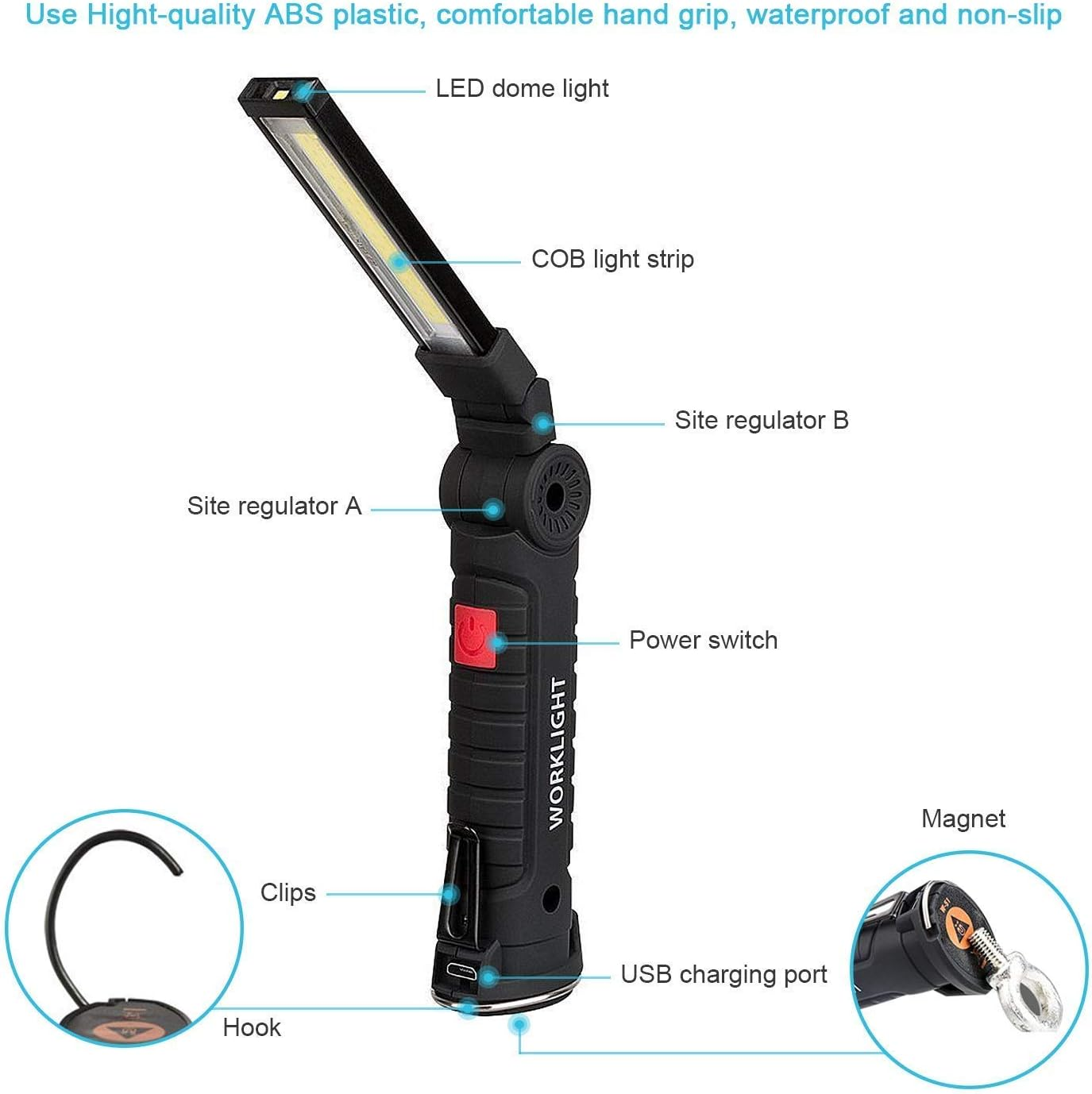 LED Work Light Rechargeable, OTYTY COB Portable Work Lights with Magnetic Base, 5 Modes, Water-Resistant Super Bright LED Flashlight Lamp for Emergency Use (2 Pack Large) image number 5