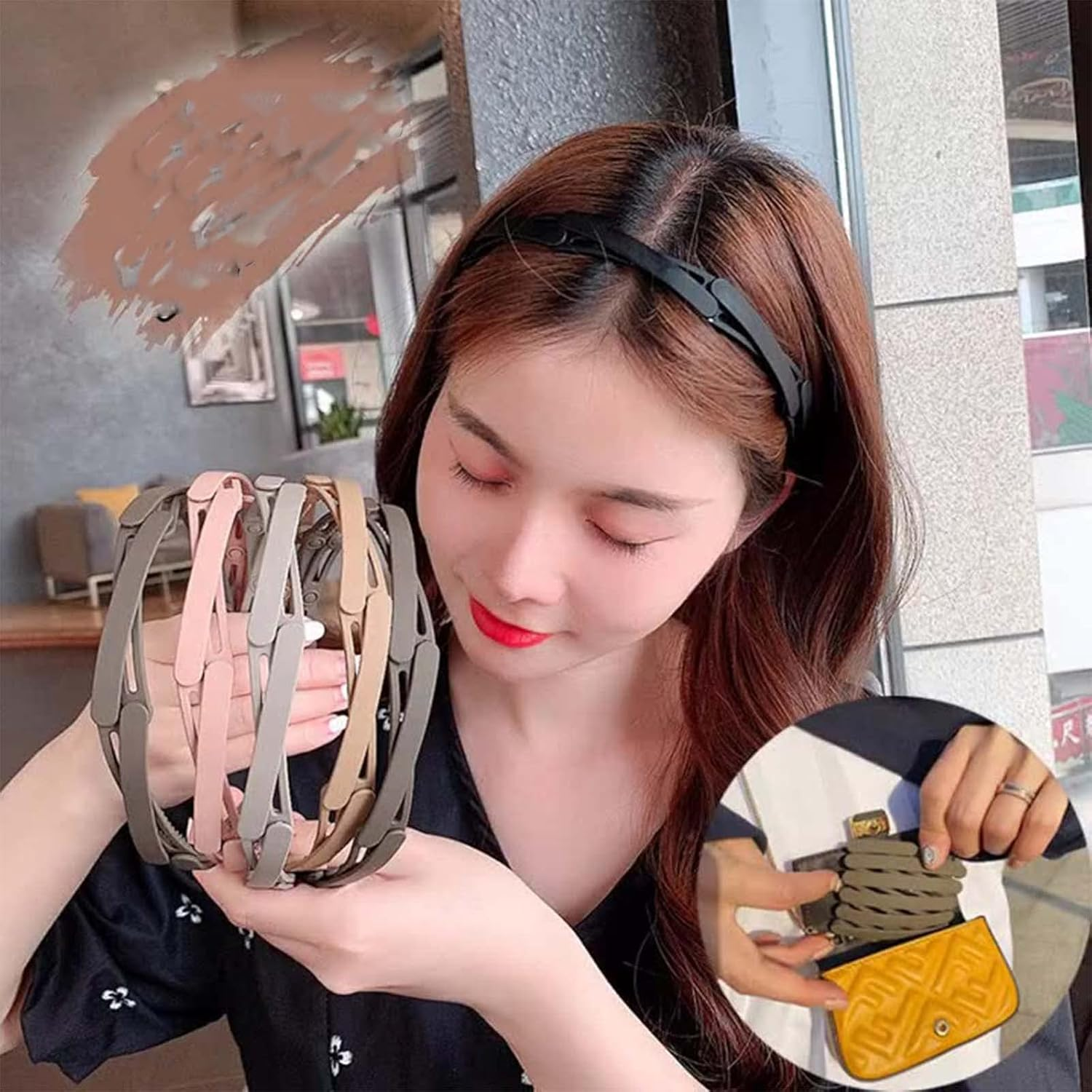 Inateannal 5Pcs Retractable Headbands Non-Slip Hair Band with Teeth Combing Portable Wavy Head Bands Foldable Plastic Headwear Hair Accessories for Women Girls image number 1