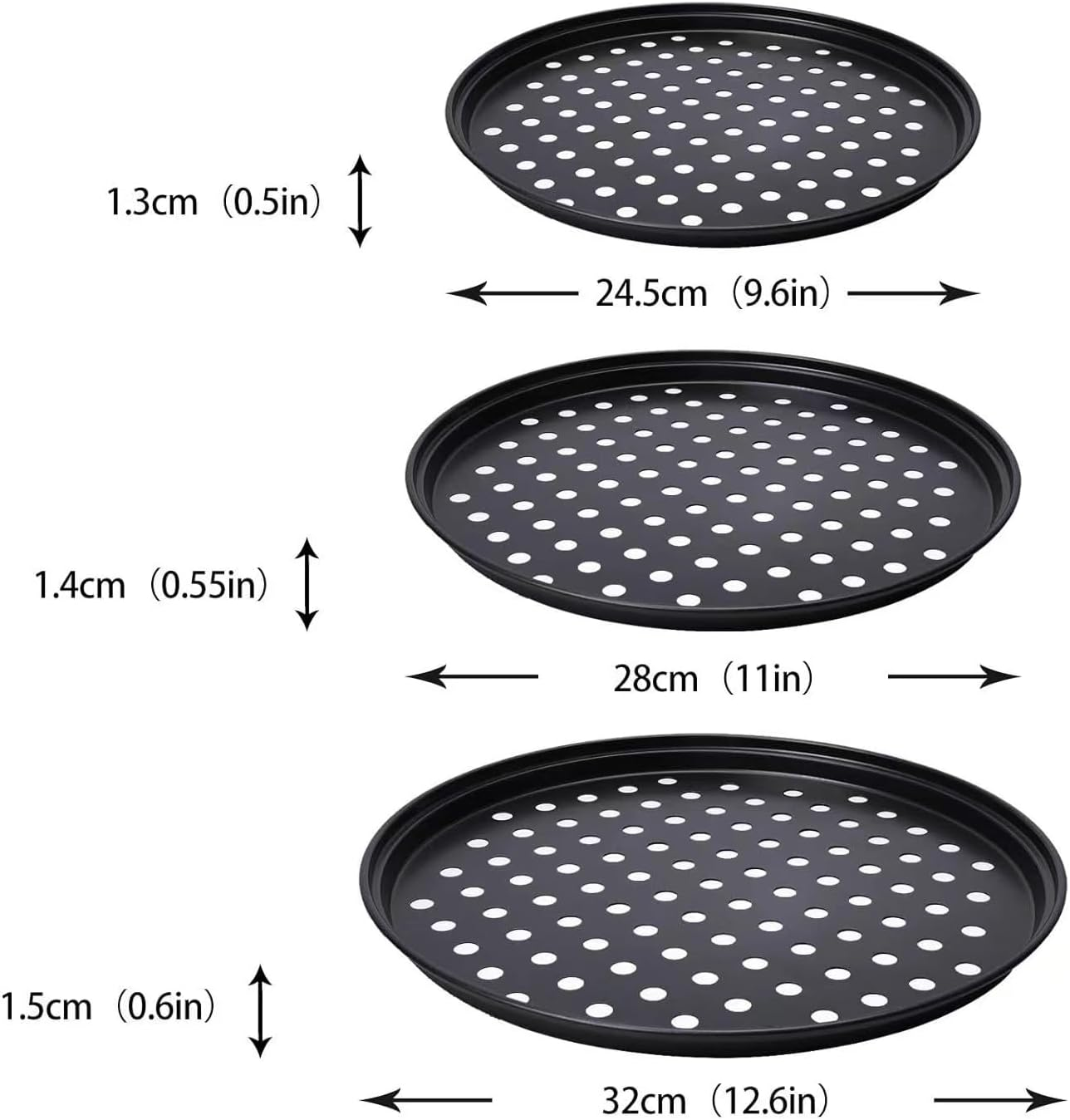 3Pcs Pizza Trays for Oven Non Stick with Holes,For Oven,Carbon Steel Pizza Pan with Holes for Baking Pizza,Oven and Dishwasher Safe(Inside Diameter 30CM/28CM/24.5CM)