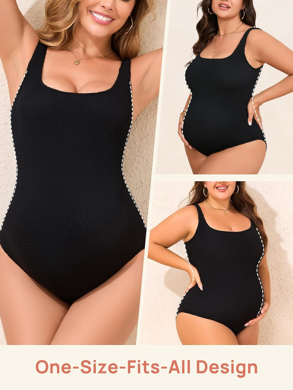 Summer Mae Maternity One Piece Swimsuit Seamless Ribbed Bathing Suit Scoop Neck Pregnancy Swimwear One Size Fits S-XL - Beige image number 5