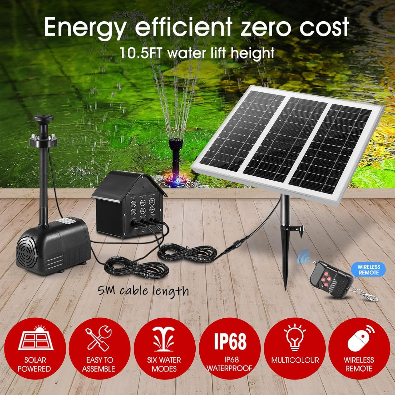 AUSWAY 100W Solar Fountain Water Pump with Battery and LED Light for Birdbath Garden Pool