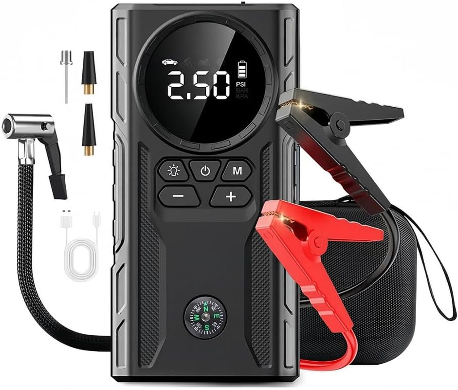 Jump Starter with Air Compressor: 600A Battery Jumper Starter Portable for up to 7L Gas and 4L Diesel Engines, 39800Mah Tire Inflator with USB Ports, Multifunctional Portable Digital Display Car image number 5