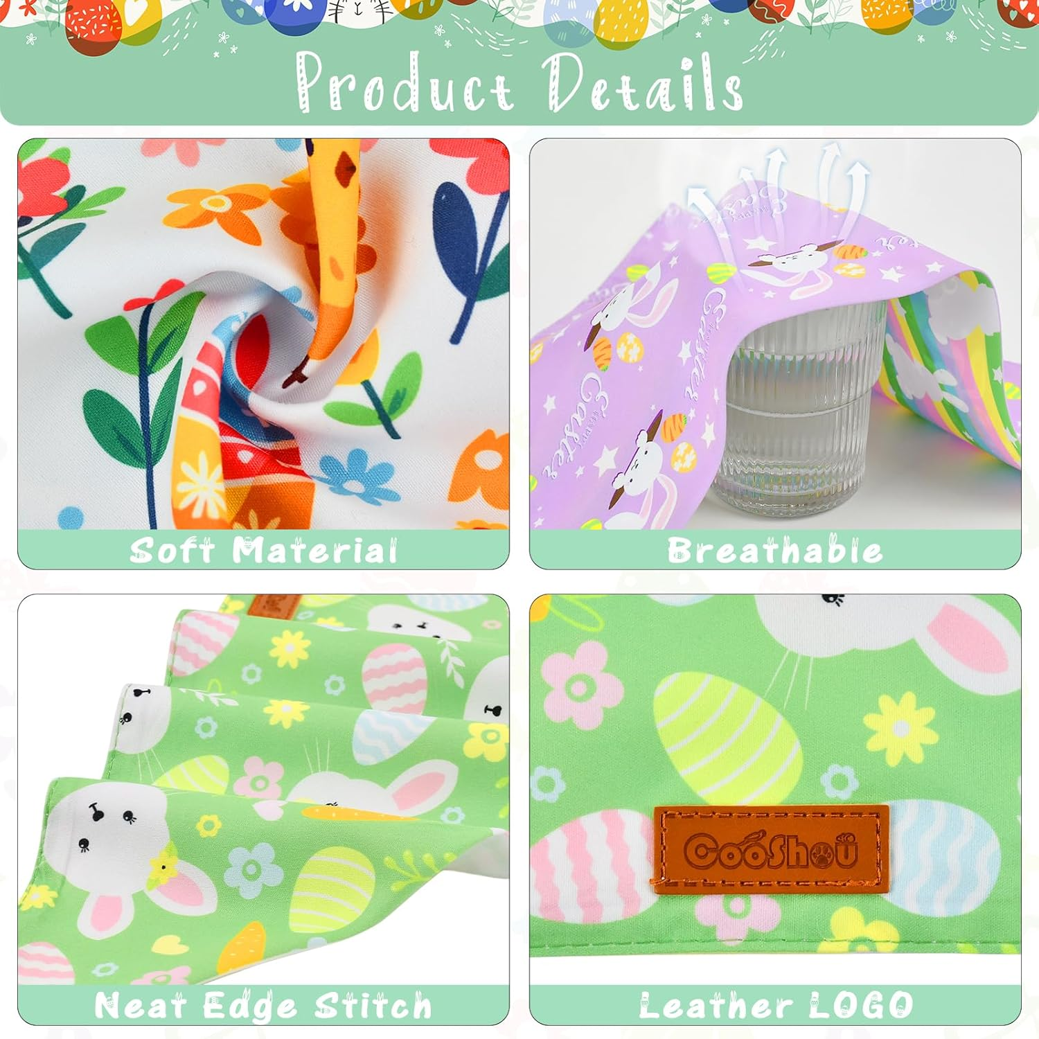 Cooshou Easter Themed Bandanas for Dogs Reversible Dog Scarf Dog Easter Outfits Handmade Easter Dog Bandanas for Small Middle Large Dogs Wear (3PCS) image number 5