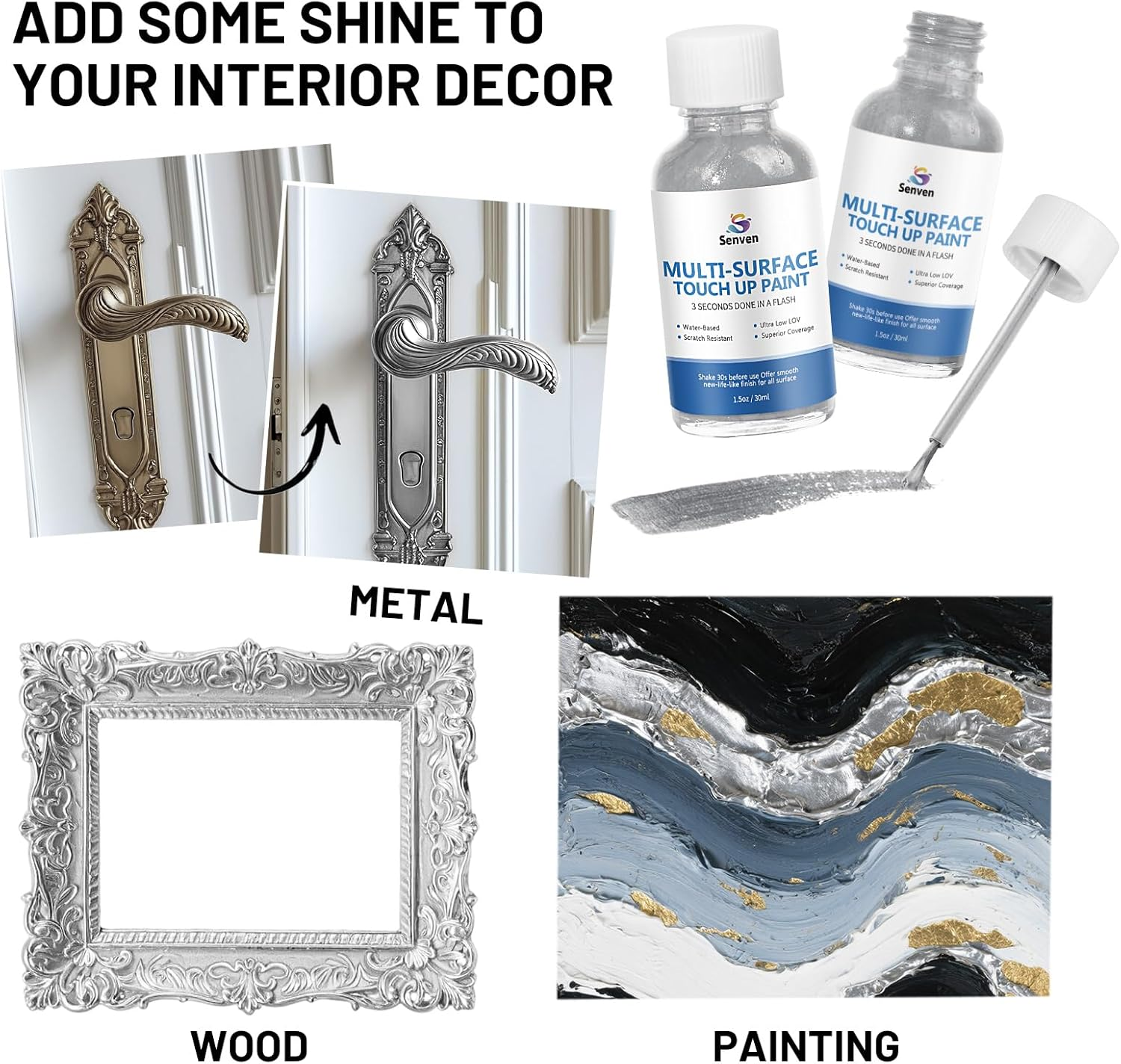 SENVEN Liquid Silver Leaf Paint High Gloss Multi Surface Rich Silver Paint for Metal, Wood, Plastic, Canvas, Appliance, Furniture Scratch Repair & Art Handcrafts 30Ml/1.5Oz Fast Drying Acrylic image number 4