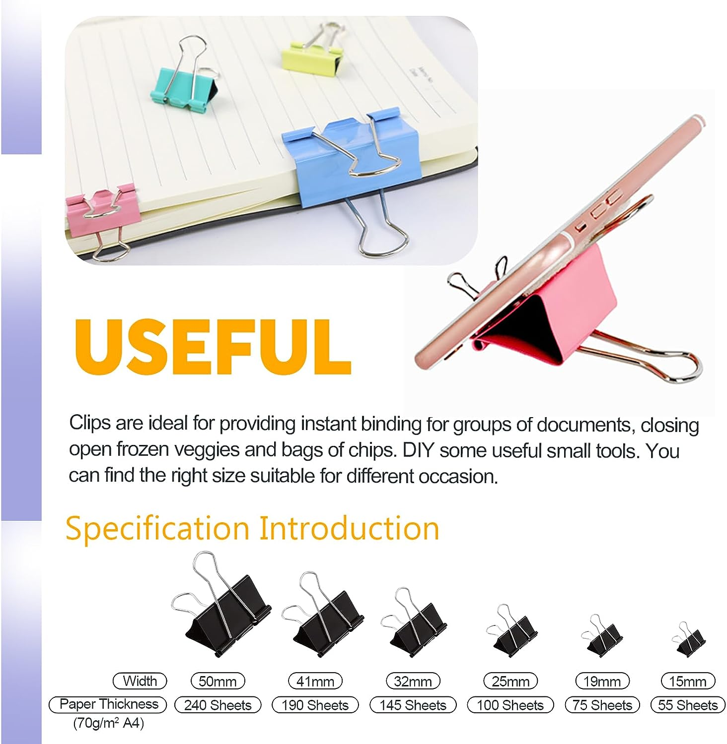 Swpeet 100Pcs Metal Black Binder Clips, Paper Clamps, Fold Back Clips, Paper Clamps Clips 6 Sizes X Large, Large, Medium, Small, X Small and Micro Use for Office, Home, School, Classroom