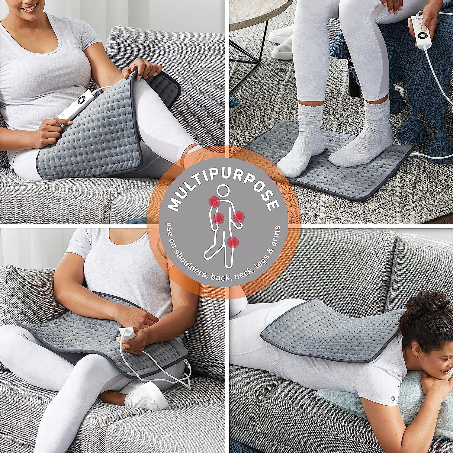 Sunbeam Multipurpose Electric Heating Pad XL |38X50Cm, Wide Coverage, 5 Heat Settings to Soothe Muscles, Fast Heat-Up, Consistent Temperature, Soft Washable Fabric, Wellness Product, Grey (HPM5100) image number 3