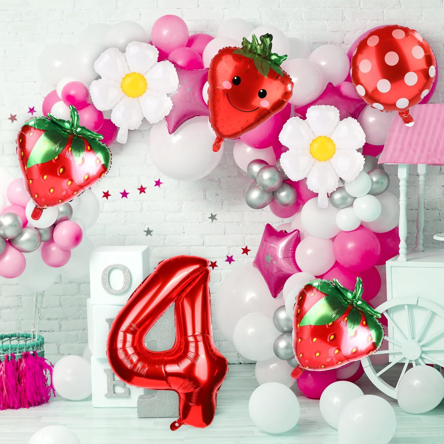 7Pcs Strawberry Party Balloons Kit, Strawberry Balloon Garland Sweet Number Strawberry Party Decorations Strawberry Foil Balloons for Birthday Backdrops (Number 4)
