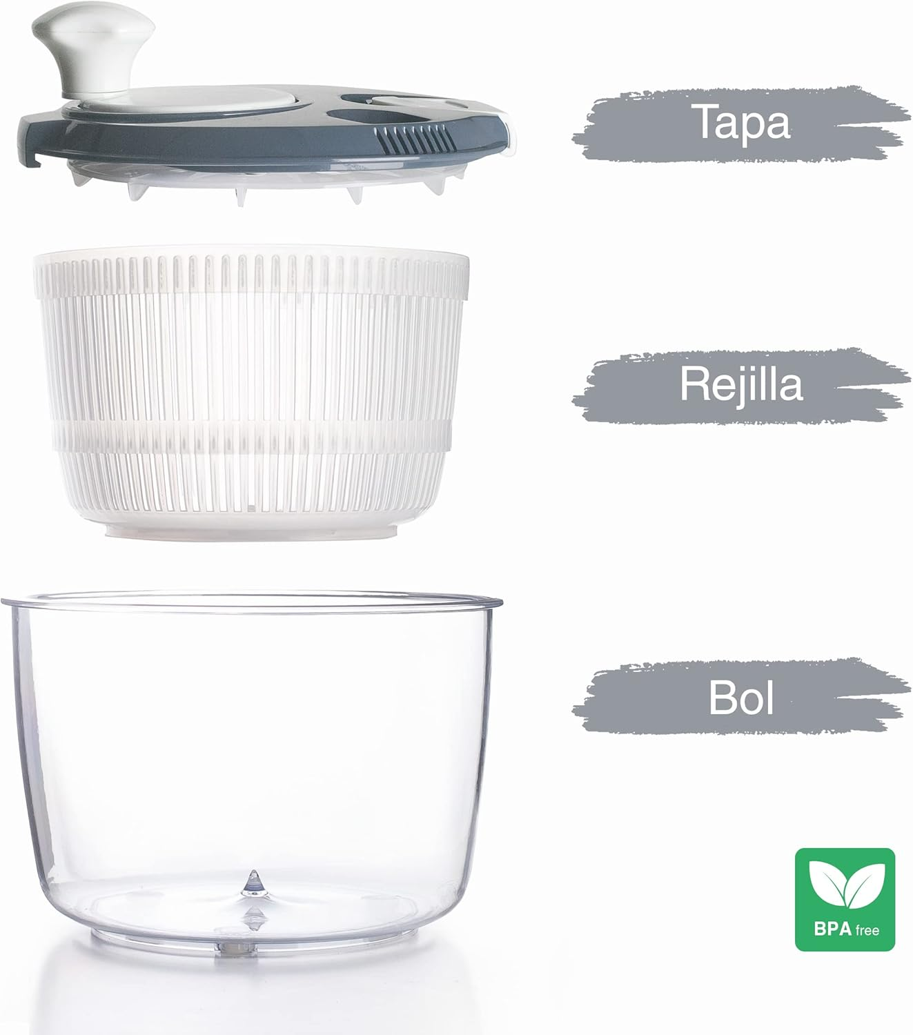 Lacor 61422 Small Spinner with High Speed, Rotary Knob, Locking System, 3-Piece, Draining Rack, Bowl, 100% Bpa-Free, Diameter 20.5 X 19 Cm, Grey, Steel image number 3