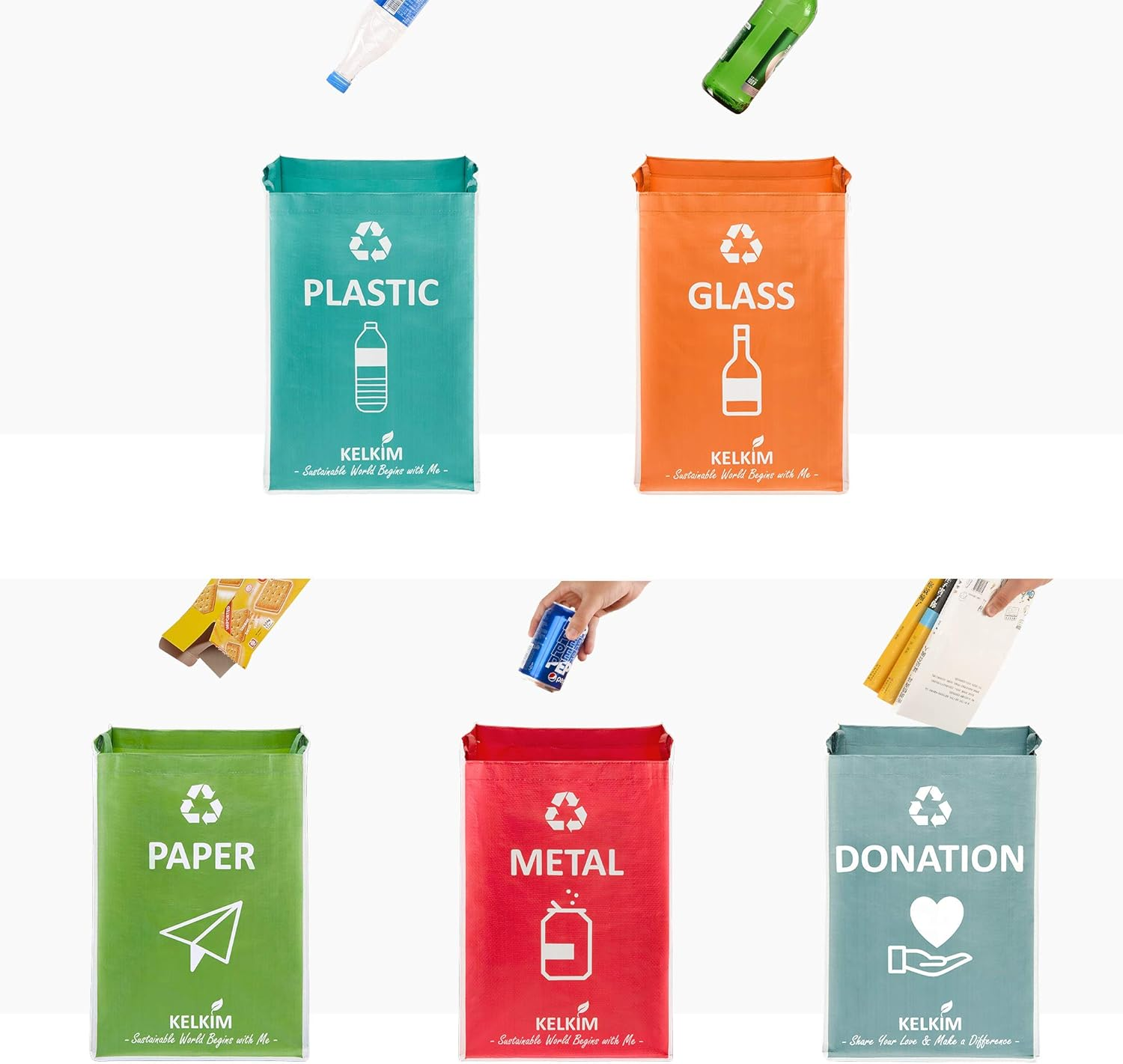 KELKIM Recycling Bin Bags & Donation Bag for Home Kitchen Office/Portable Indoor Recycle Waste Organizer/Waterproof Garbage Containers/Separate Recyclable Trash Sorting Bin/Big Size 5 Bags Set image number 5