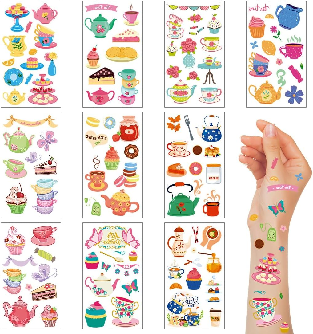 10 Sheets Temporary Tattoos Afternoon Tea Elegant Floral Teacup and Cookie Designs for Women and Girls Waterproof Body Art for Party and Festival image number 2