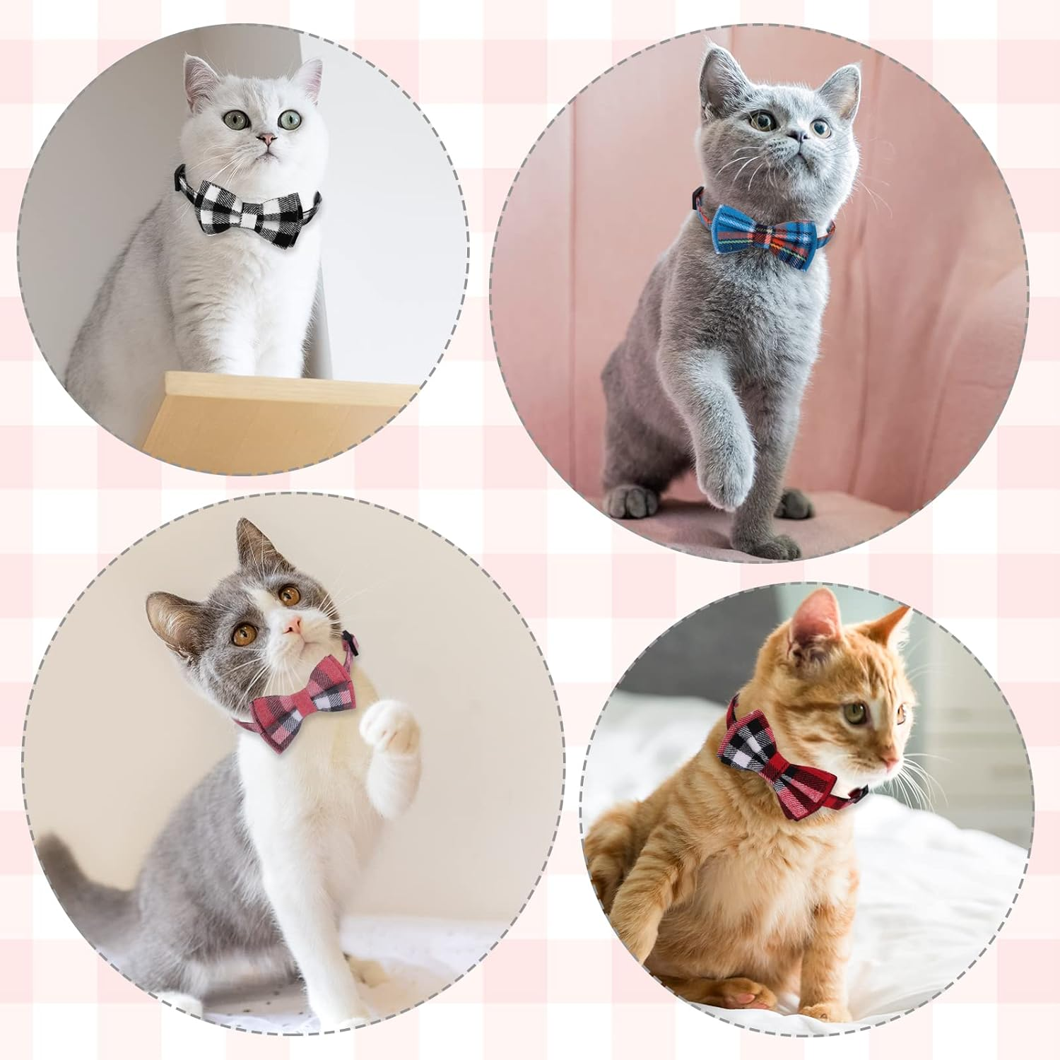 Giantree 4Pcs Cat Collars Bow Tie with Bell, Breakaway Kitten Collar for Cats Cute Plaid Design Adjustable Pet Collars 7-12Inch for Kitten Cats and Small Dogs