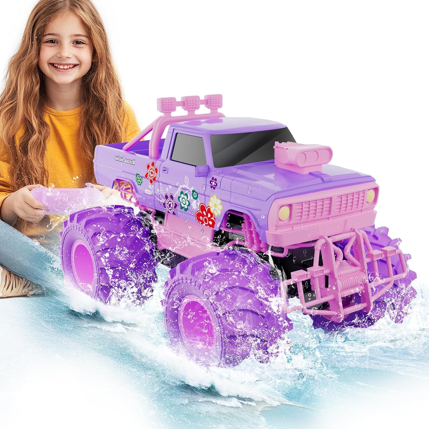 Remote Control Monster Truck for Girls- 1:16 Rc Car with 2 Batteries 2.4Ghz 4WD Off-Rock All Terrain Waterproof Amphibious Toys, for Christmas Birthday Gifts Presents Kids Boys Girls Ages 6+ image number 2